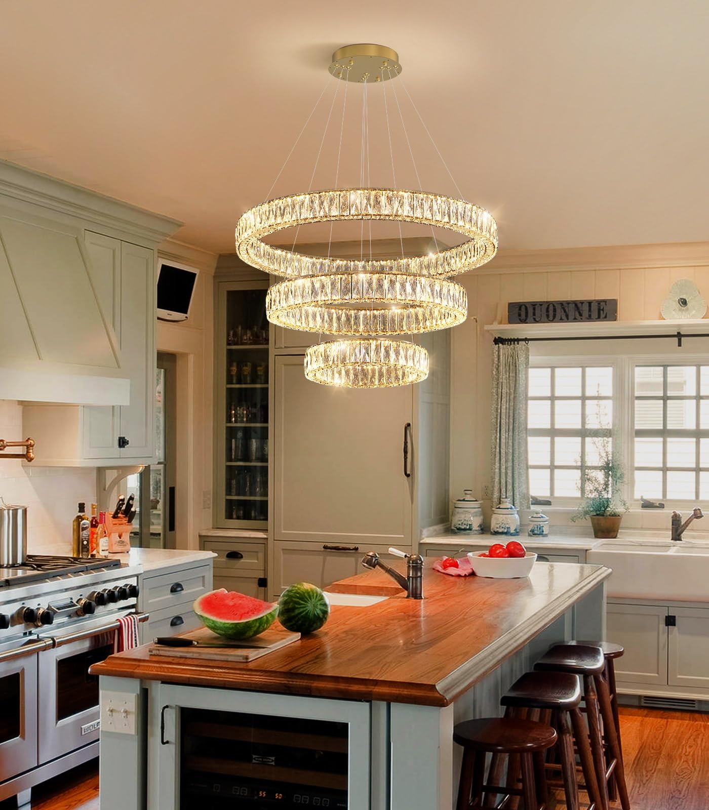 Modern Crystal Chandelier Dimmable LED Ring Pendant Lights Adjustable Glam Chandeliers Lighting Fixtures for Dining Room Living Room Bedroom Silver Light