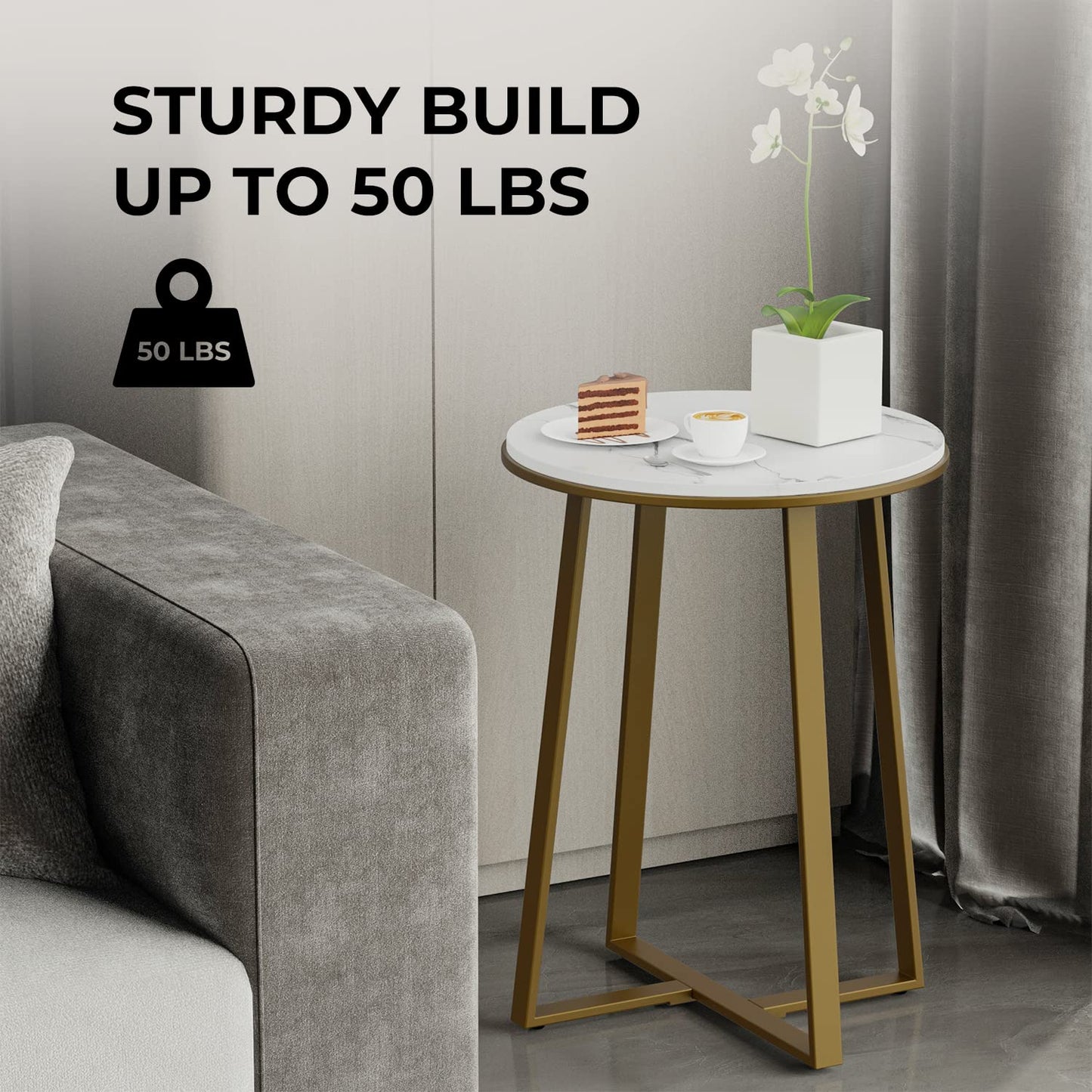 Round End Tables, Small Side Table White Marble Texture MDF Top,Metal Frame Gold Color, Tall End Table for Bed Room,Coffee Tea End Table for Living Room (White Marble+Gold)