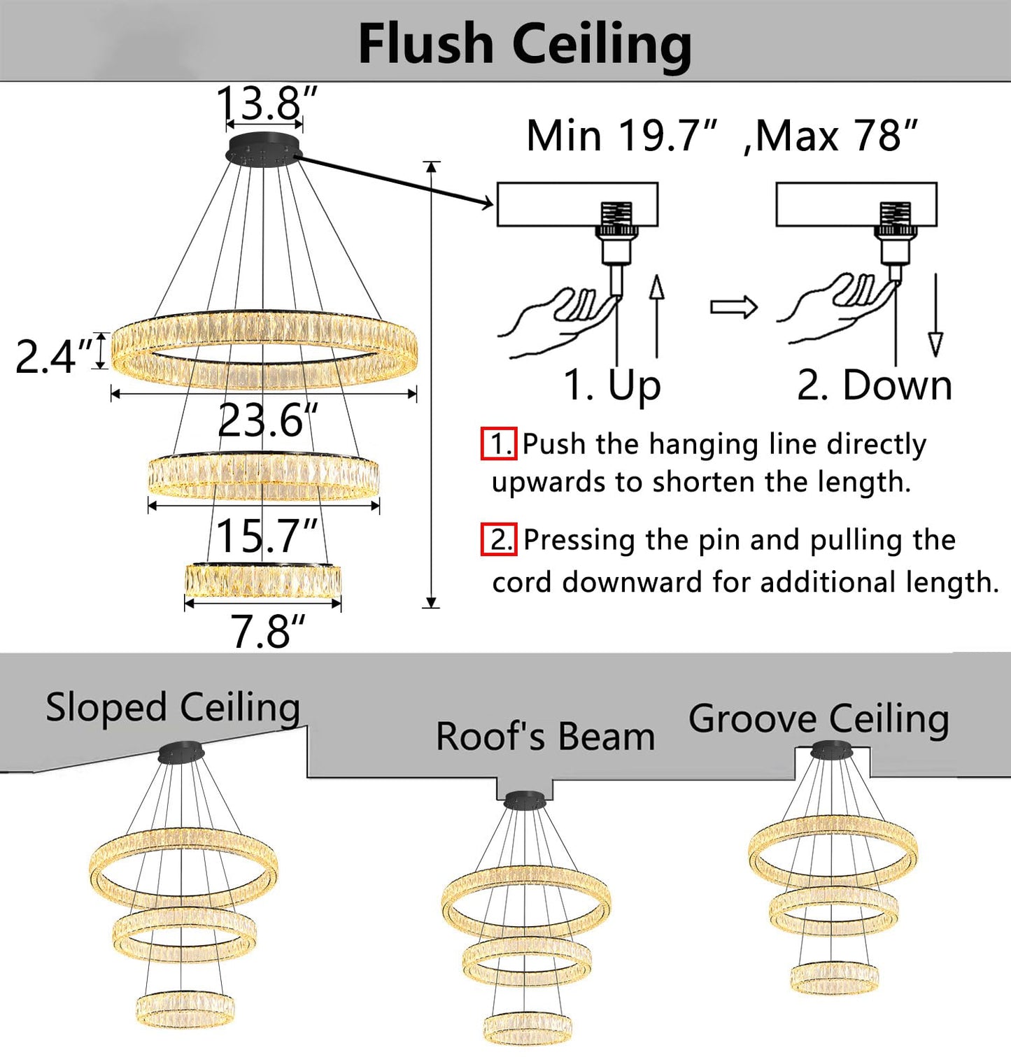 Modern Crystal Chandelier Dimmable LED Ring Pendant Lights Adjustable Glam Chandeliers Lighting Fixtures for Dining Room Living Room Bedroom Silver Light