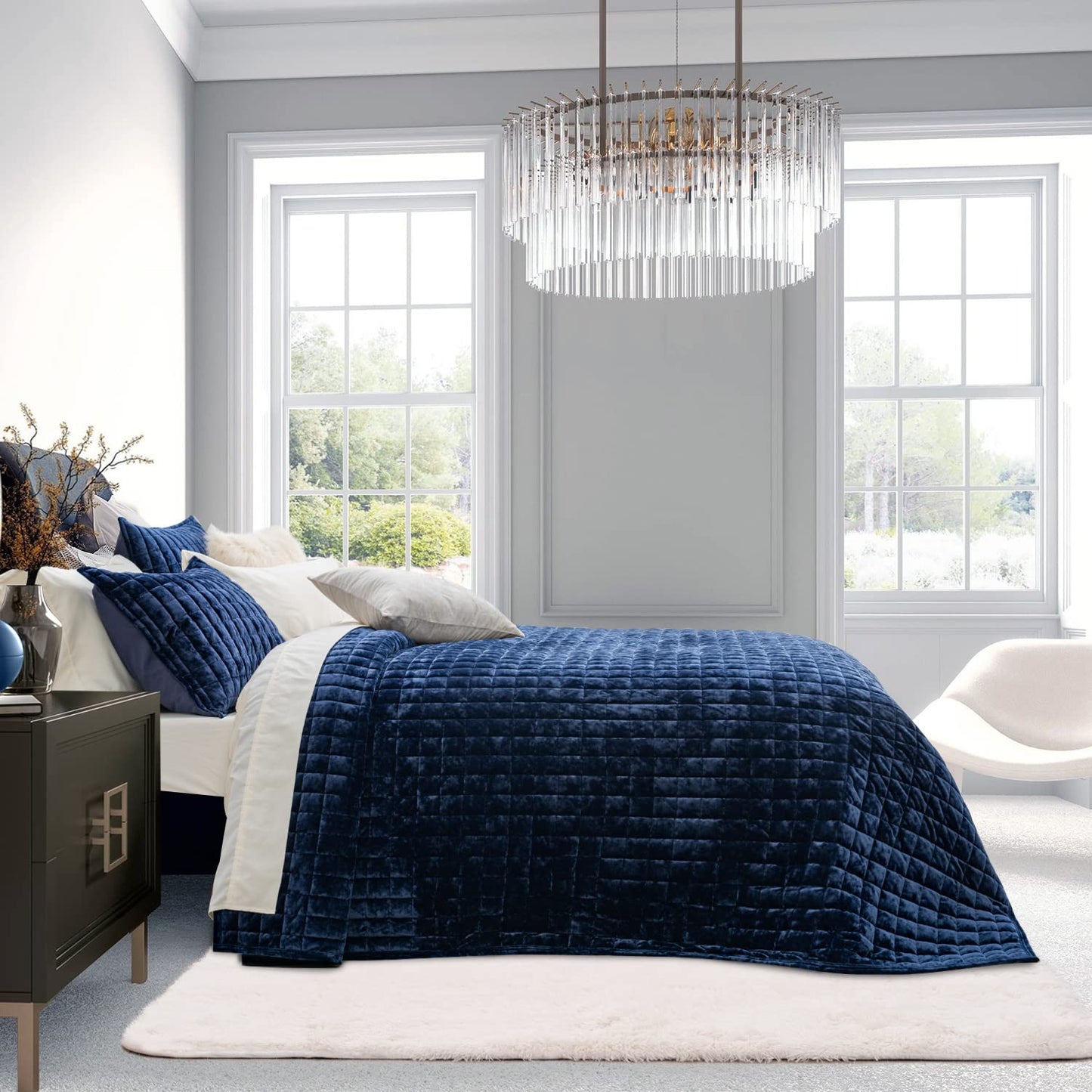 RECYCO Luxury Velvet Quilt Set King Size, Lightweight Velvet Comforter Set, Oversized Bedspread Coverlet Quilted Bedding Set, with 2 Matching Pillow Shams, for All Season, Navy Blue