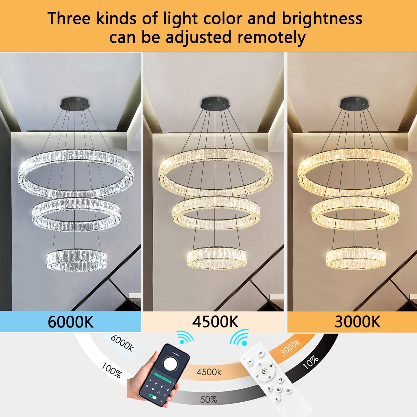 Modern Crystal Chandelier Dimmable LED Ring Pendant Lights Adjustable Glam Chandeliers Lighting Fixtures for Dining Room Living Room Bedroom Silver Light