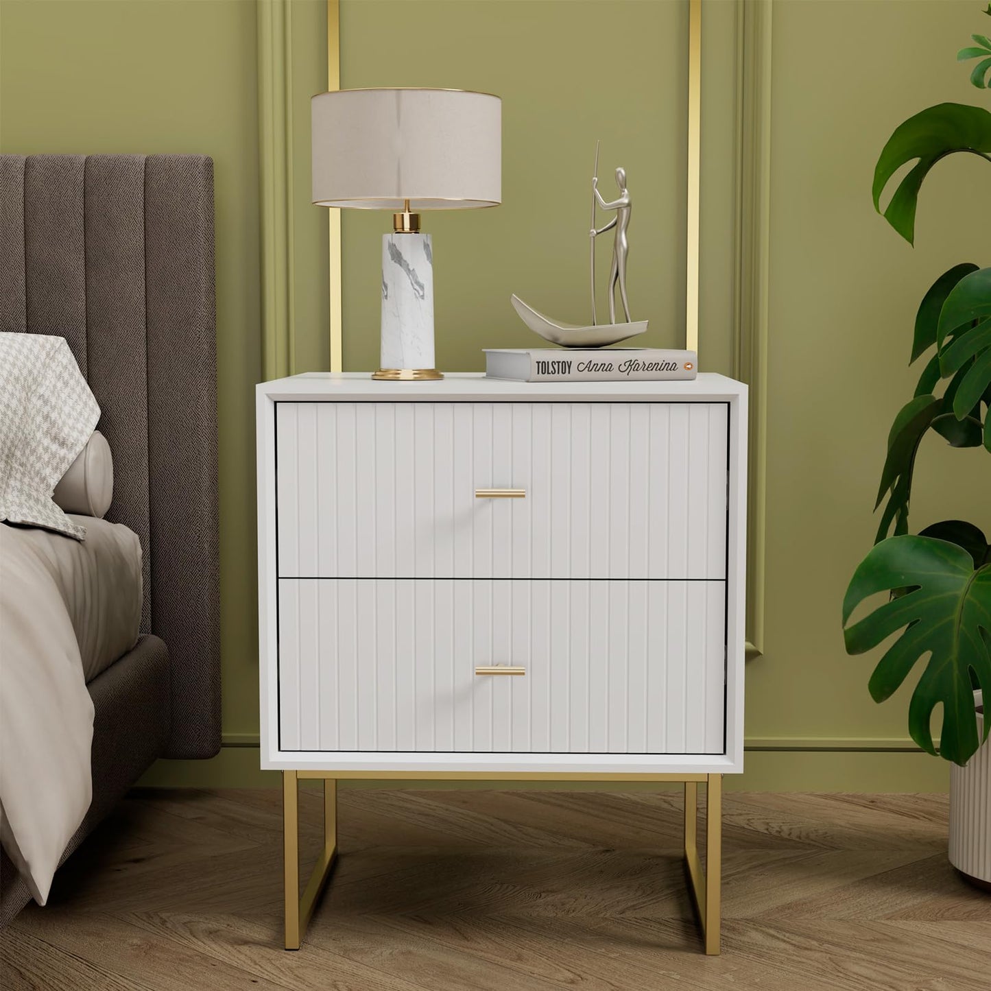 UEV Navy Blue Nightstand Set of 2,Modern Grooved Stripes Bed Side Table with 2 Drawers,Wood End Table with Golden Metal Handles and Pedestal Frame for Bedroom Living Room