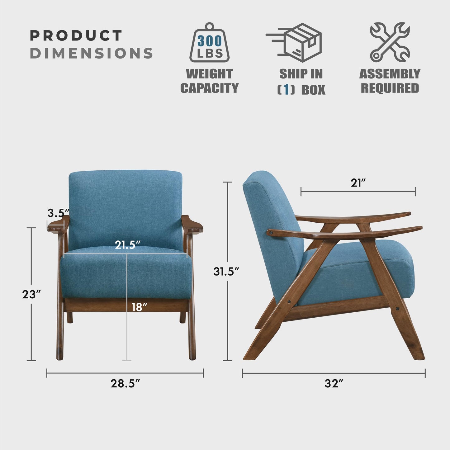 Lexicon Mid Century Modern Accent Chair with Solid Wood Frame in Walnut Finish, Upholstered Living Room Lounge Arm Chair, Thick and Comfy Innerspring Seat Cushion, Linen-Look Fabric, Gray