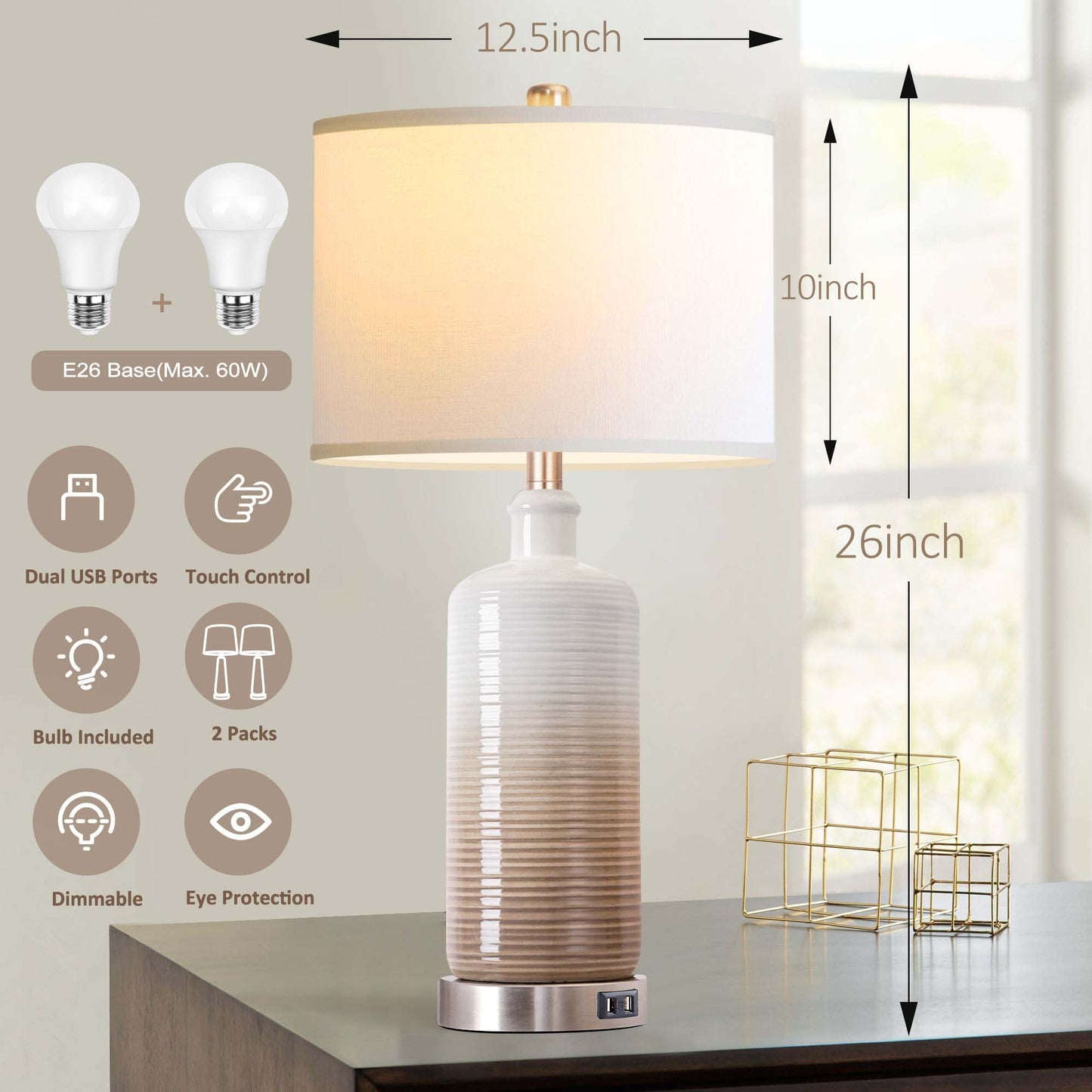 CeramicTable Lamps Set of 2 Lamps for Bedroom Living Room Office 26" Rotary Coastal Bedside Lamp for Nightstand with 2 USB Ports 3-Colors