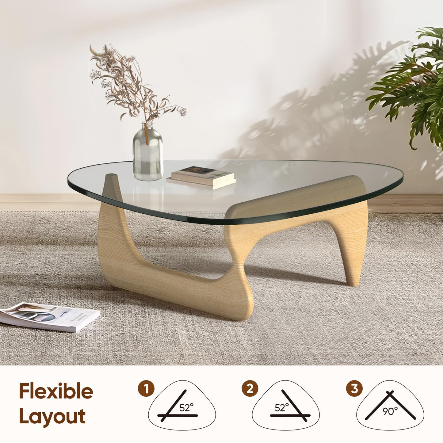 Noguchi Coffee Table – Mid-Century Modern Triangle Glass Coffee Table with Clear Tempered Top & Wood Base, End Table for Living Room Office Hotel Balcony, 50" W x 37.5" D