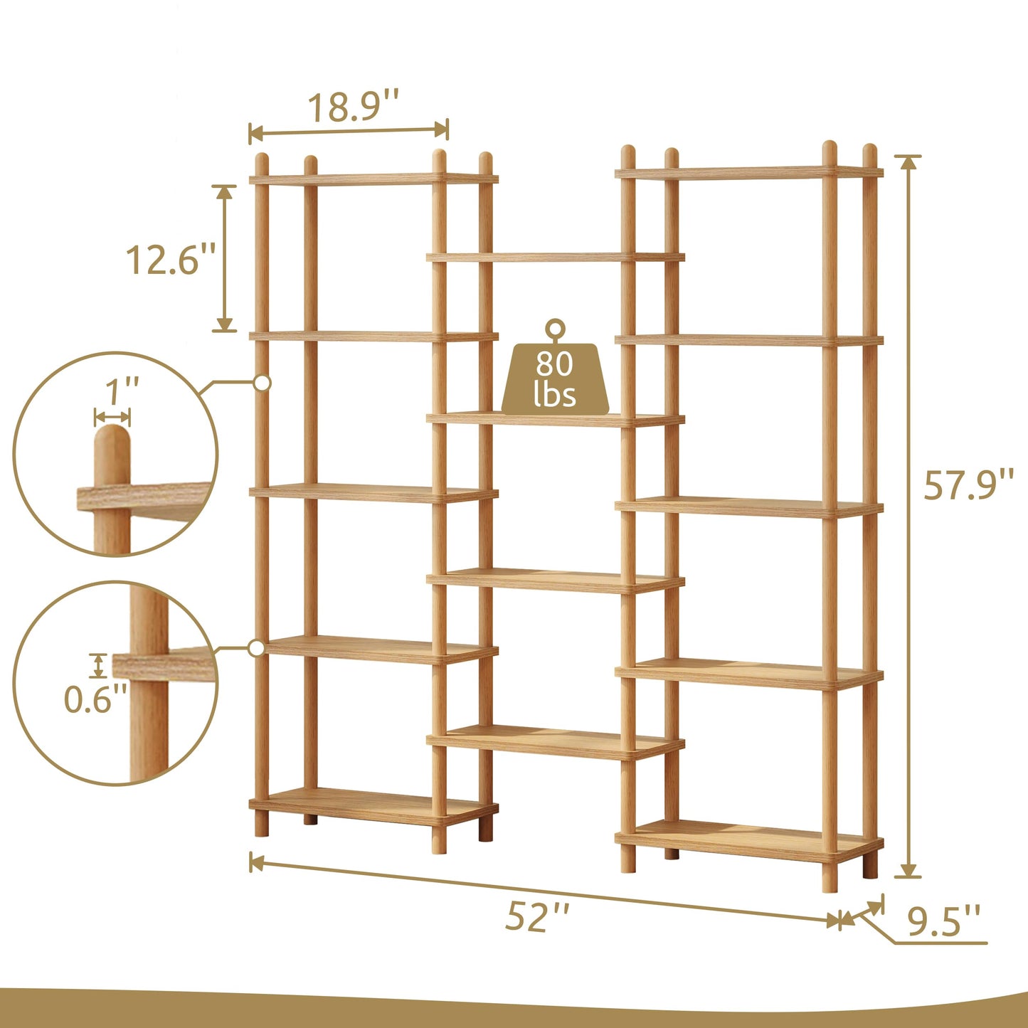 IOTXY Wooden Triple Wide Bookshelf - 5-Tier Large Shelf Bookcase with Solid Beech Frame, Tall Freestanding Open Etagere Display Rack for Home Office, Walnut