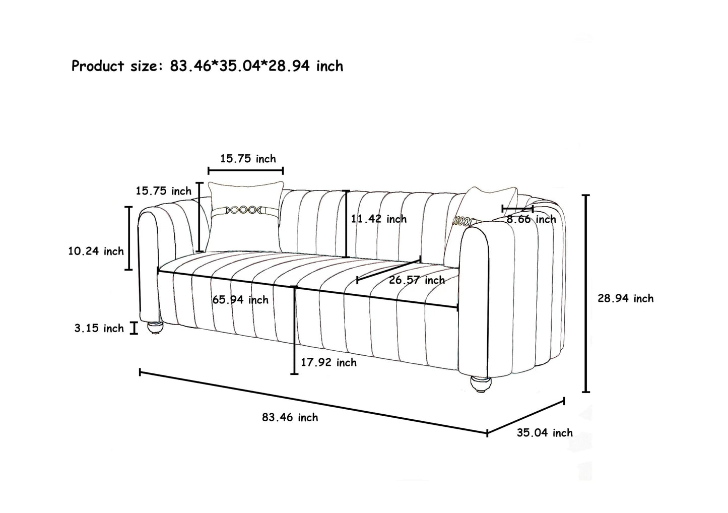 83'' Sofa for Living Room Modern Teddy Short Plush Couch 3-Seater Apartment Sofa with 2 Pillows & Golden Metal Legs