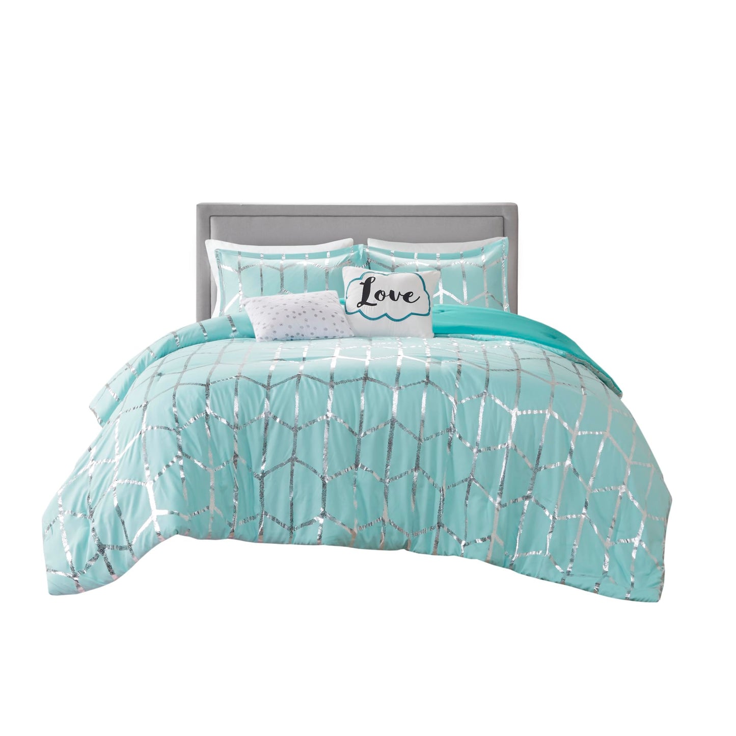 Intelligent Design, Soft Microfiber Comforter Modern Geometric Metallic Bed Set, Full/Queen, Grey/Silver