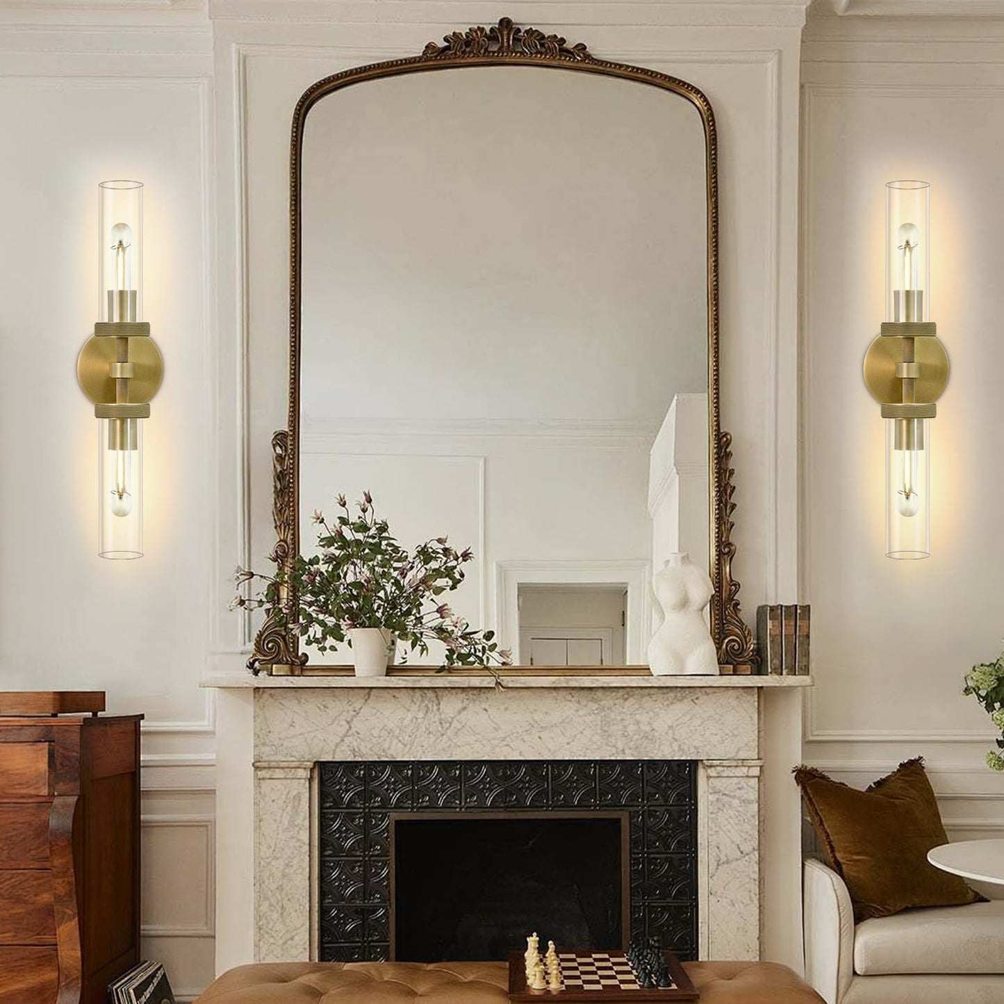 Brass Wall Sconces Set of Two, 19" Knurled Gold Sconces Wall Lighting, Tube Glass Bathroom Sconces Wall Lights for Bedroom Living Room Vanity Sconce Wall Lamp for Hallway, Staircase