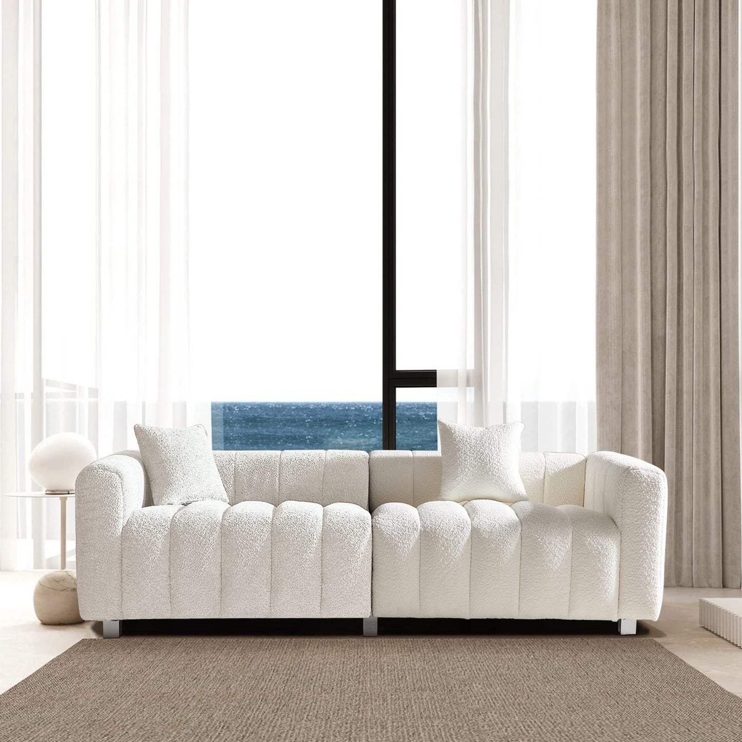 87.4" Modern 3 Seater Boucle Sofa Couch for Living Room, Mid Century Fluffy Couches with Solid Wood Frame and 6 Legs for Bedroom, Apartment, Weight Capacity 750 LBS (White)