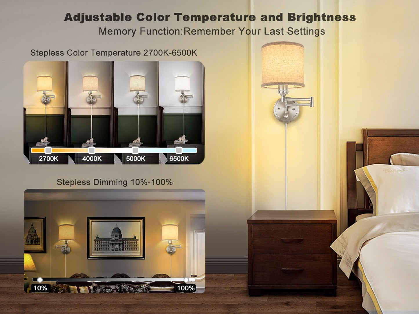 Plug in Wall Sconces with Remote Control, Dimming 10%-100% & Adjustable Colors 2700K-6500K, Hardwire or Plug-in, Swing Arm Wall Lamp with Linen Fabric Shade, Wall Sconces Set of Two, Black Finish