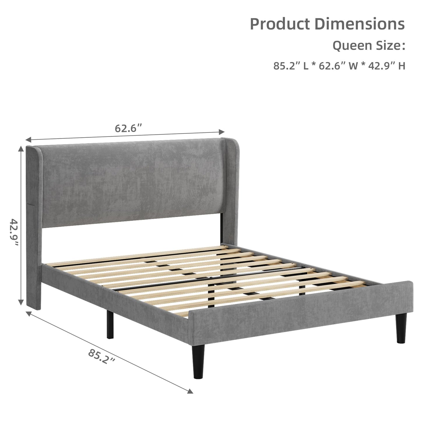 IDEALHOUSE King Upholstered Bed Frame with Wingback Headboard, Luxurious Velvet Upholstery Platform Bed, Wooden Slat Support, and Easy Assembly - Box Spring Optional, Light Gray