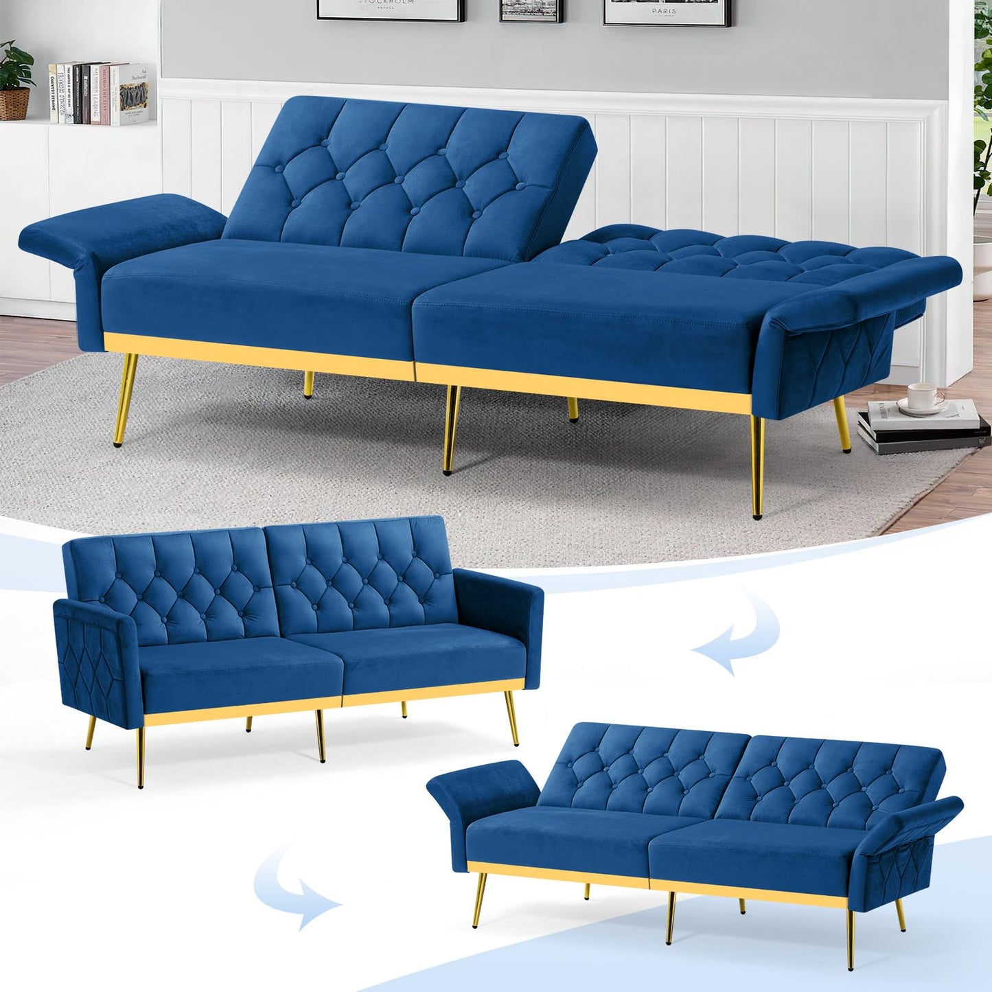 Velvet Sofa Bed w/Adjustable Armrests and Backrests, Modern Convertible Sleeper Sofa, Tufted Futon Sofa for Bedroom, Living Room, Apartment, Orange