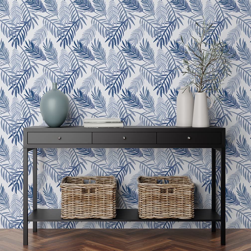Flipside Blue Palm Leaves Peel and Stick Removable Wallpaper - Each Roll is 18 ft. Long x 18 in. Wide - Safe for Walls - Easy to Apply & Easy to Remove