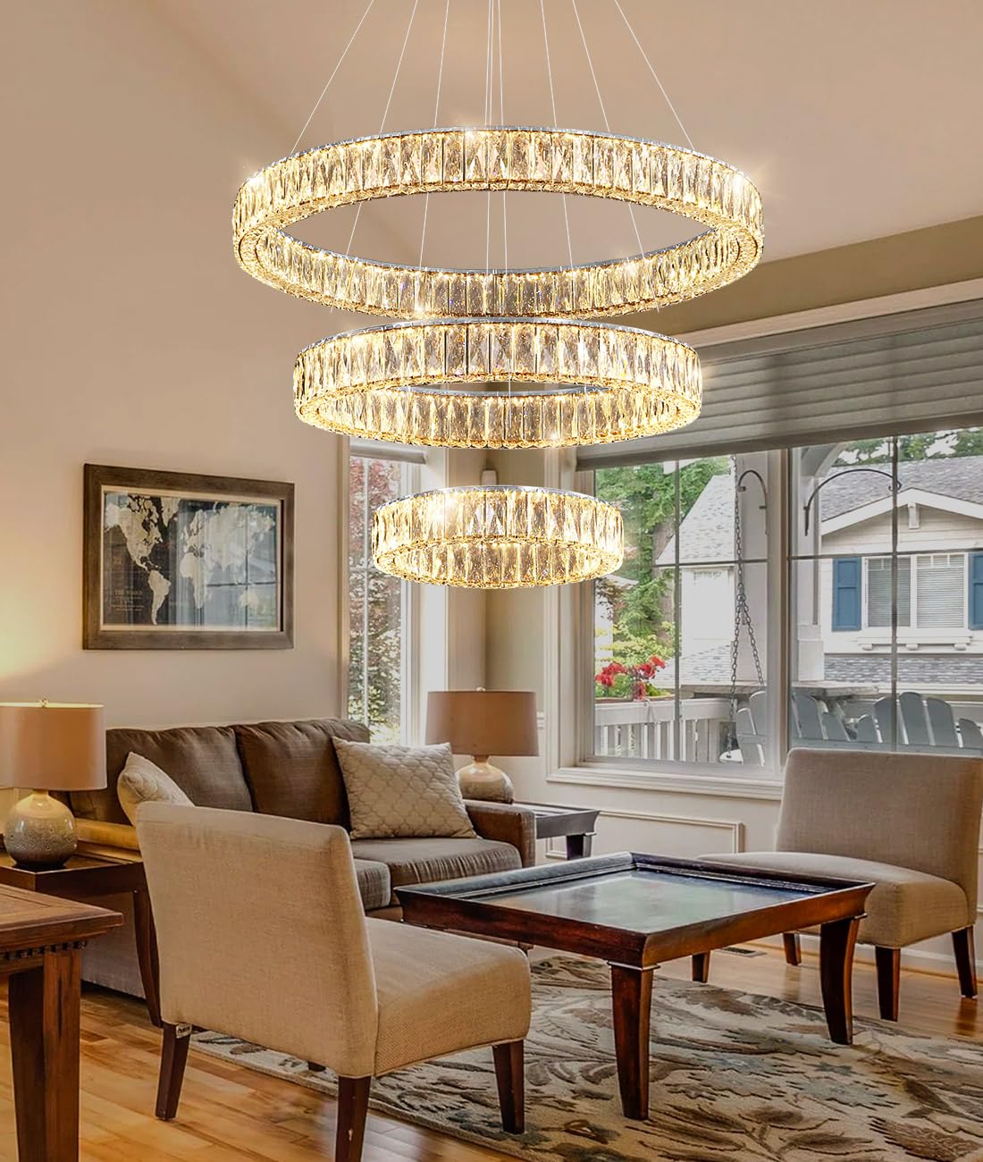 Modern Crystal Chandelier Dimmable LED Ring Pendant Lights Adjustable Glam Chandeliers Lighting Fixtures for Dining Room Living Room Bedroom Silver Light