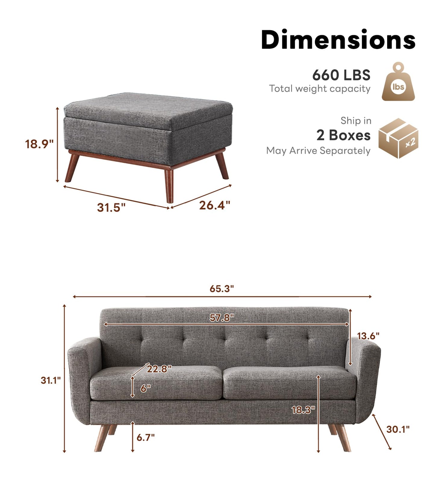 Tbfit 65" W Loveseat Sofa, Mid Century Modern Love Seat Couches for Living Room, Button Tufted Upholstered Small Couch for Bedroom, Solid and Easy to Install Love Seats Furniture, Grey
