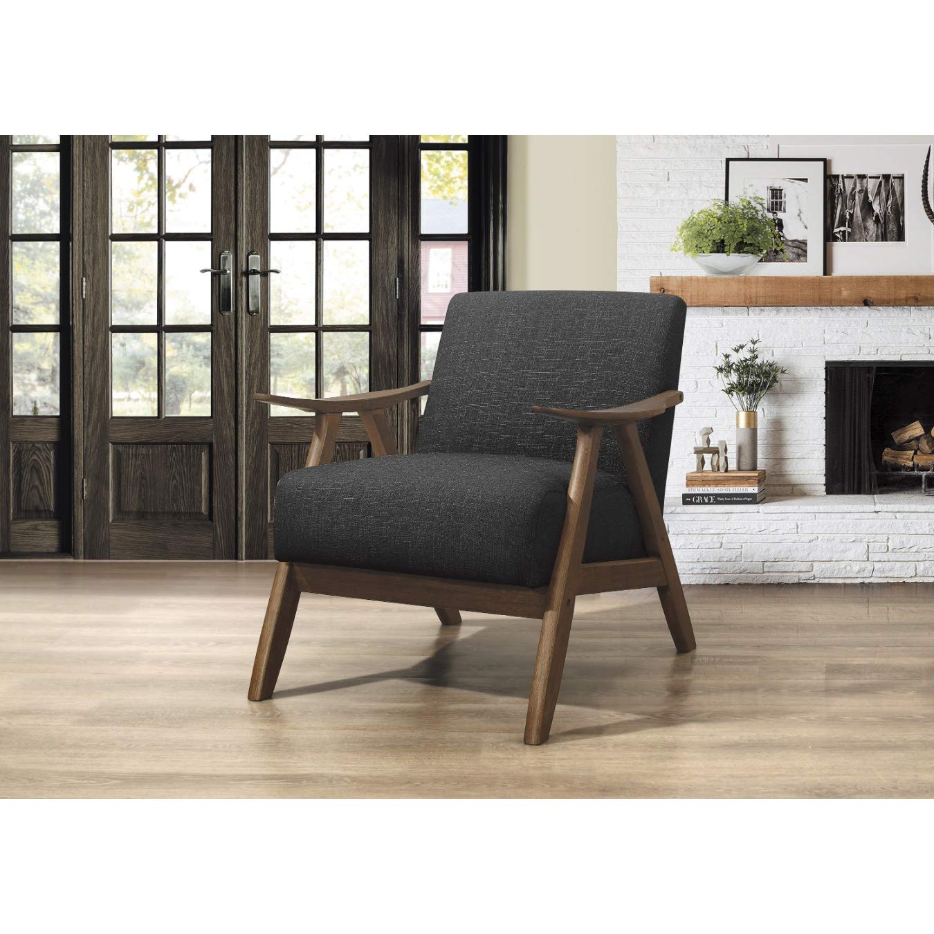 Lexicon Mid Century Modern Accent Chair with Solid Wood Frame in Walnut Finish, Upholstered Living Room Lounge Arm Chair, Thick and Comfy Innerspring Seat Cushion, Linen-Look Fabric, Gray