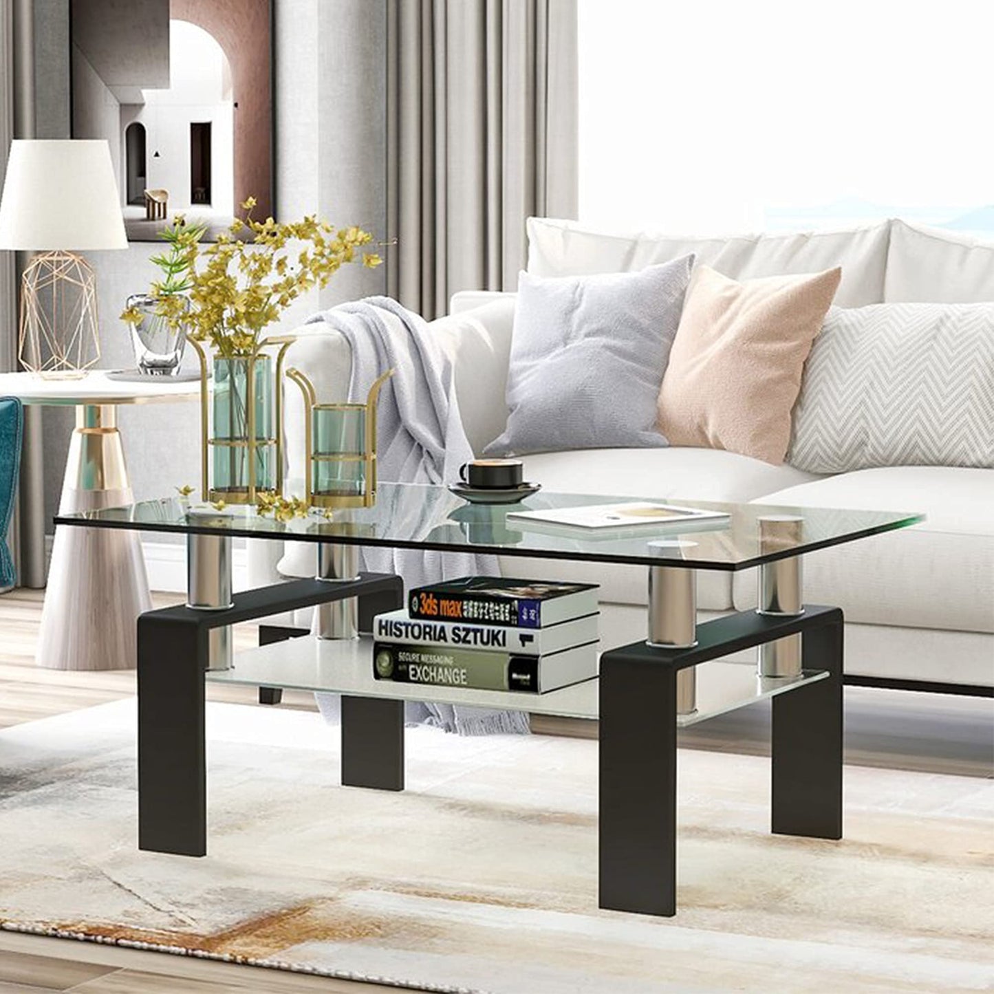 Meihua Tempered Glass Coffee Table for Living Room, Clear Center Table with 0.47 inch Tempered Glass, Transparent Modern Coffee Table