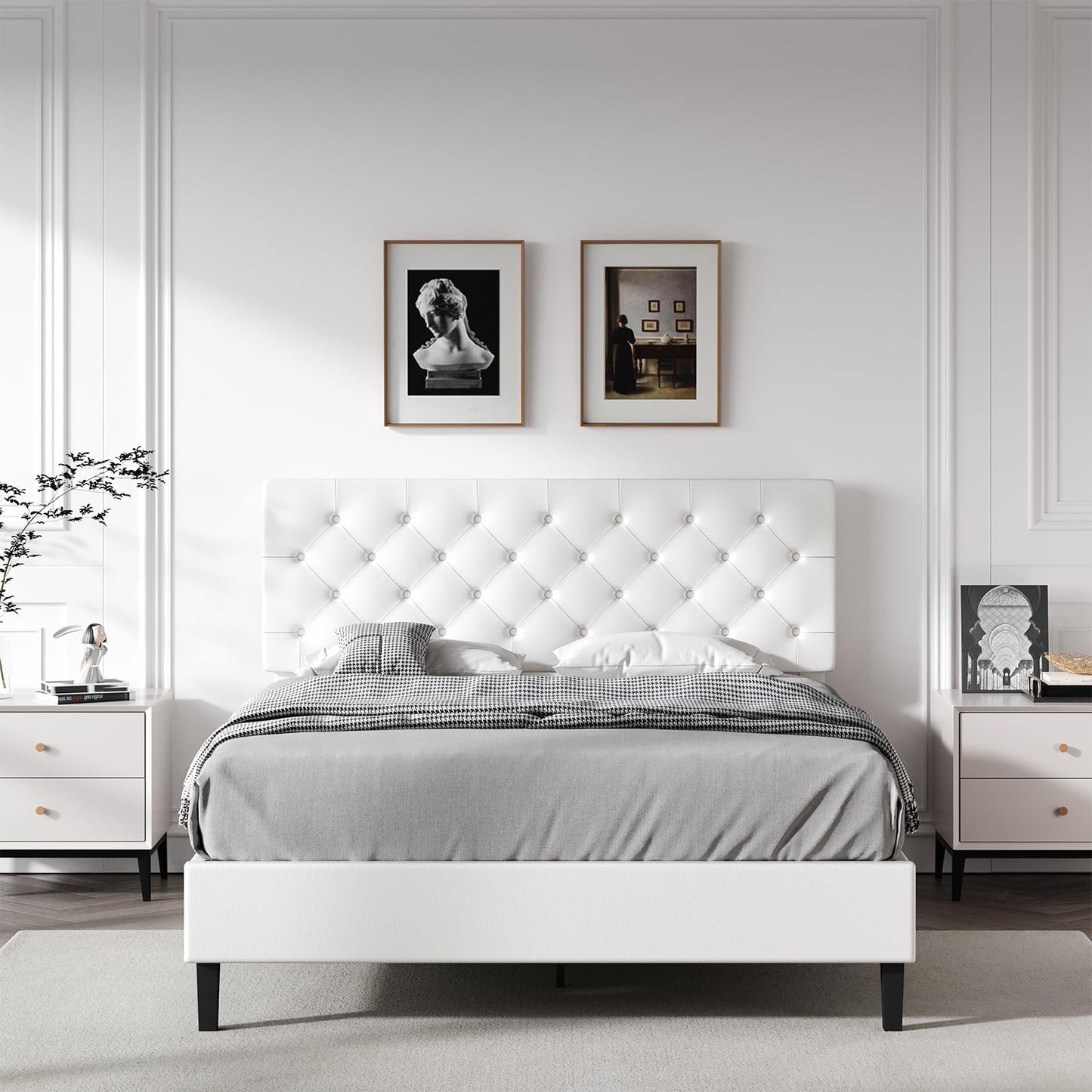 Queen Bed Frame with Headboard, Faux Leather Upholstered Platform Bed Frame, Blue Bed Frame Queen Size, Wooden Slat Support, No Box Spring Needed, Navy Blue