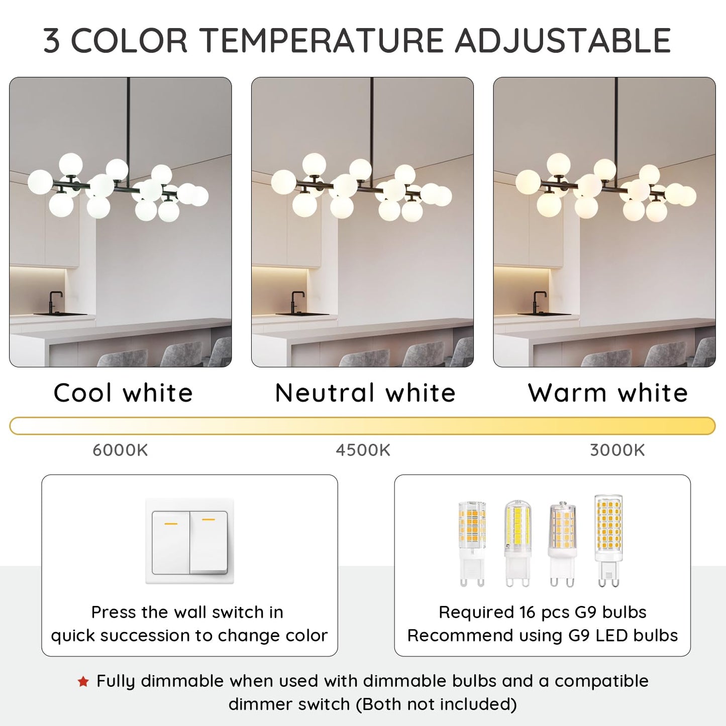 CROSSIO Modern Linear Chandeliers Black 16 Lights Pendant Light Fixtures Bubble Glass Chandelier Mid Century Sputnik Chandelier for Kitchen Island Dining Room