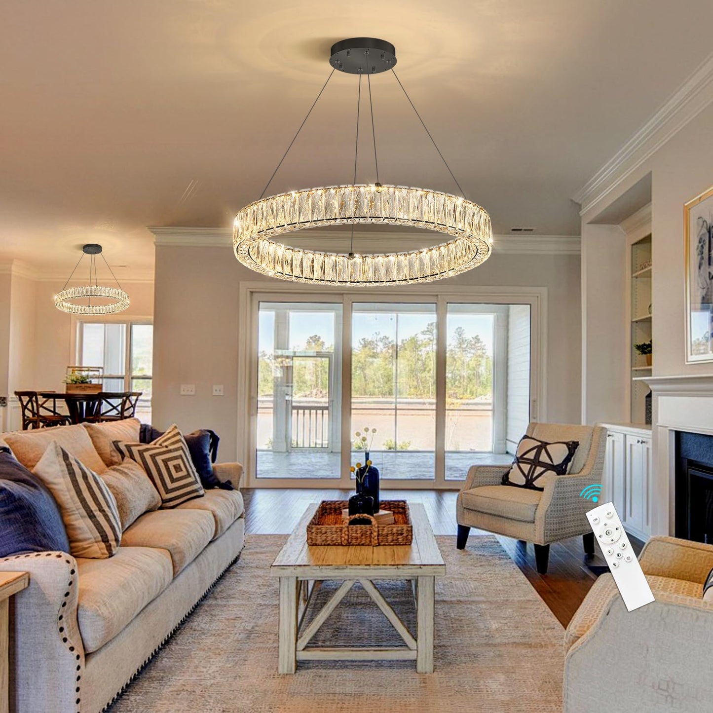 Modern Crystal Chandelier Dimmable LED Ring Pendant Lights Adjustable Glam Chandeliers Lighting Fixtures for Dining Room Living Room Bedroom Silver Light