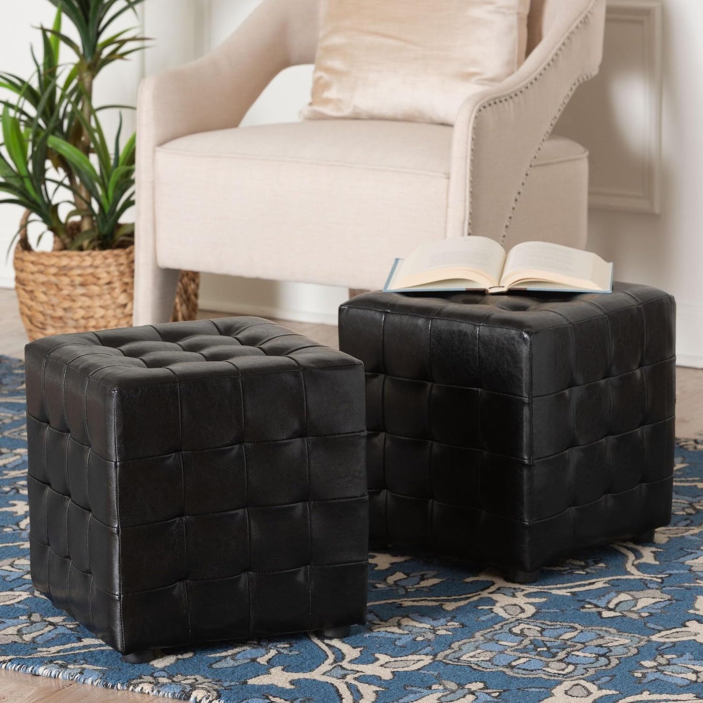 Baxton Studio Siskal Modern Cube Ottoman, White, Set of 2,