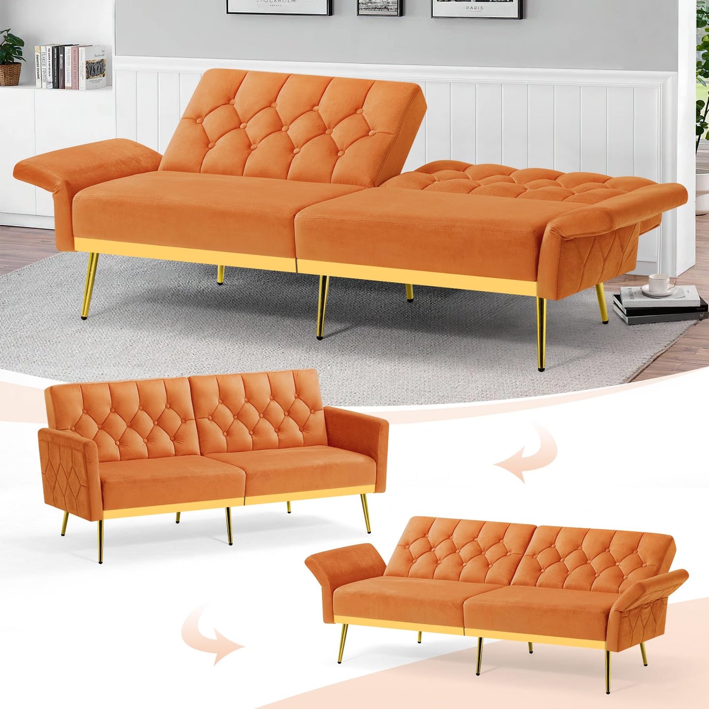 Velvet Sofa Bed w/Adjustable Armrests and Backrests, Modern Convertible Sleeper Sofa, Tufted Futon Sofa for Bedroom, Living Room, Apartment, Orange
