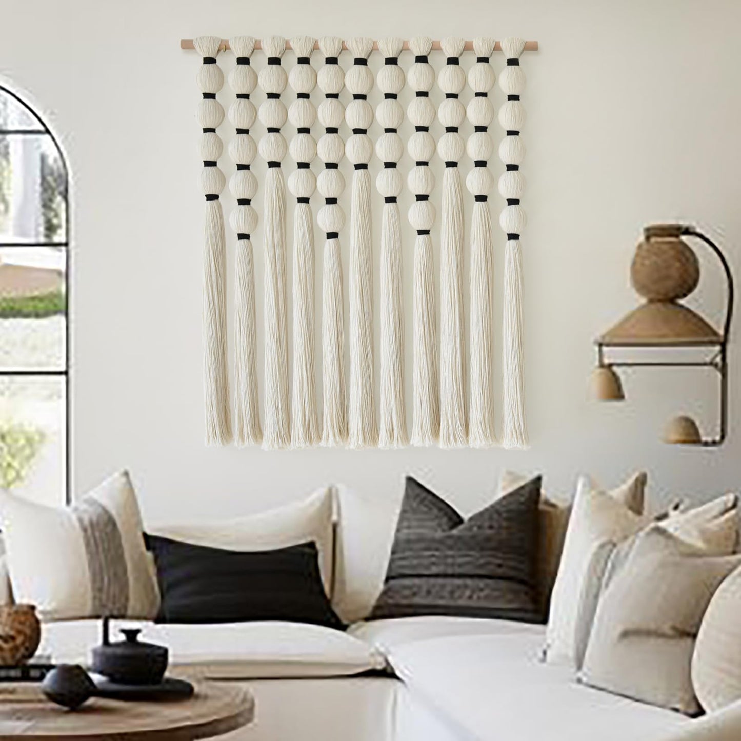IOWER Macrame Wall Hanging Brown Yarn Beaded Backdrop Boho Wall Decor Round Tassel Home Wall Aesthetic Living Rooms Bedrooms Offices Geometric Art Chic Home Decor 39" W x 55" L