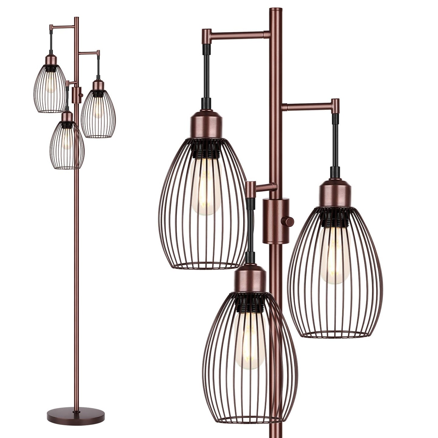 Dimmable Floor Lamp, 3 x 800LM LED Edison Bulbs Included, Farmhouse Industrial Floor Lamp Standing Tree Lamp with Elegant Teardrop Cage Tall Lamps for Living Room Bedroom Office Dining Room-Black