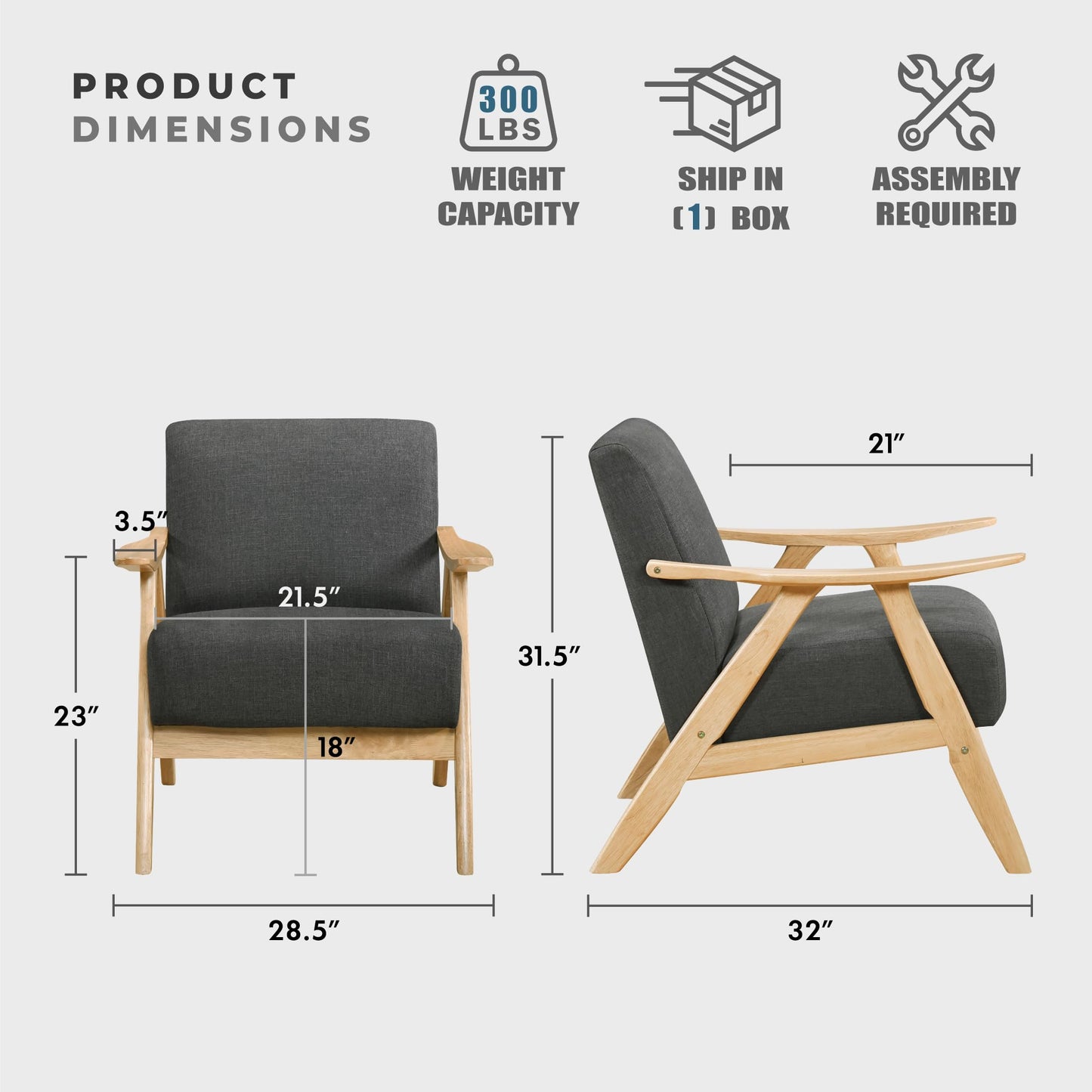 Lexicon Mid Century Modern Accent Chair with Solid Wood Frame in Walnut Finish, Upholstered Living Room Lounge Arm Chair, Thick and Comfy Innerspring Seat Cushion, Linen-Look Fabric, Gray