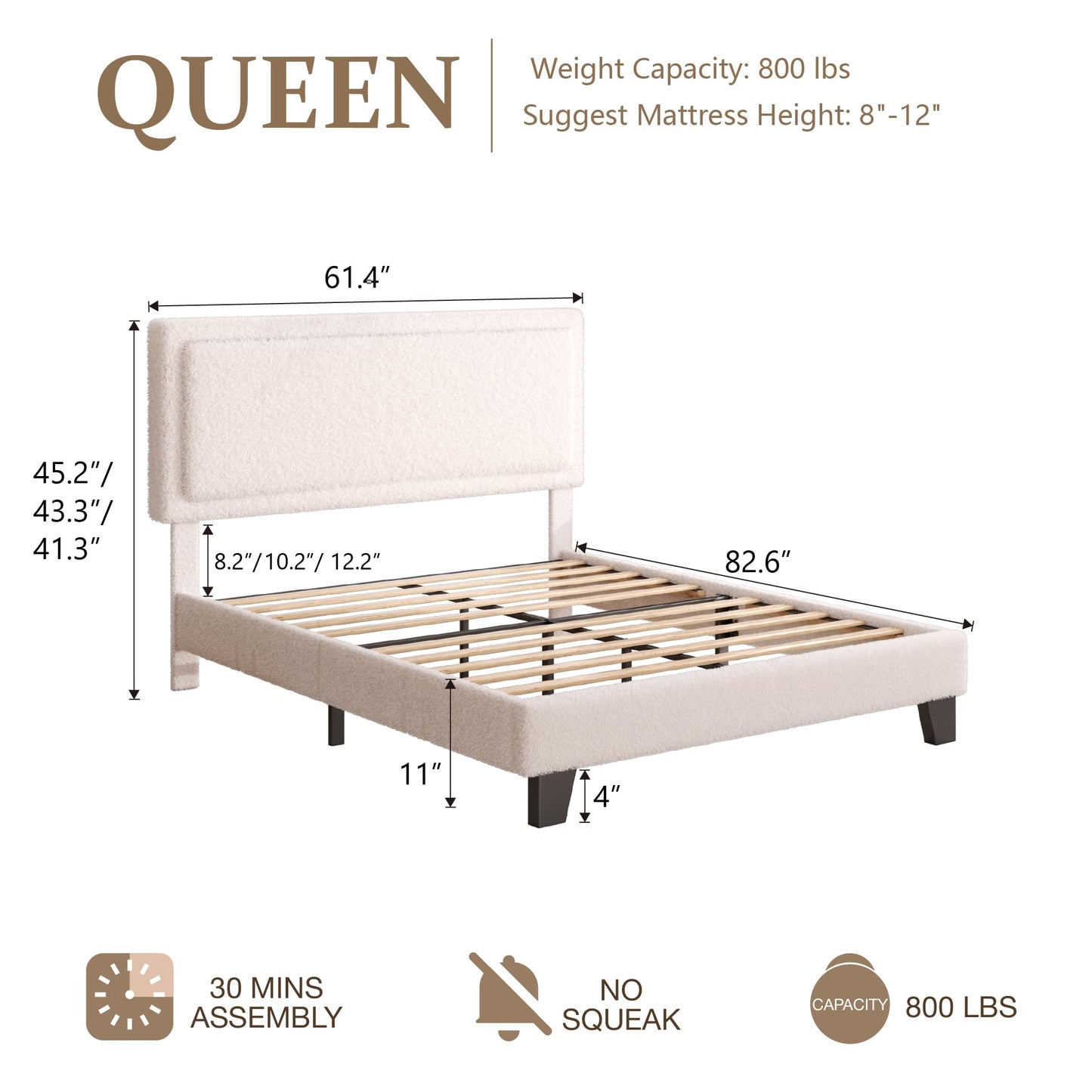 King Size Bed Frame and Headboard, Boucle Upholstered Platform Cloud Bed Frame with Headboard, Soft Teddy Fabric, Modern Style, No Box Spring Required, Easy Assembly, Blue-Black