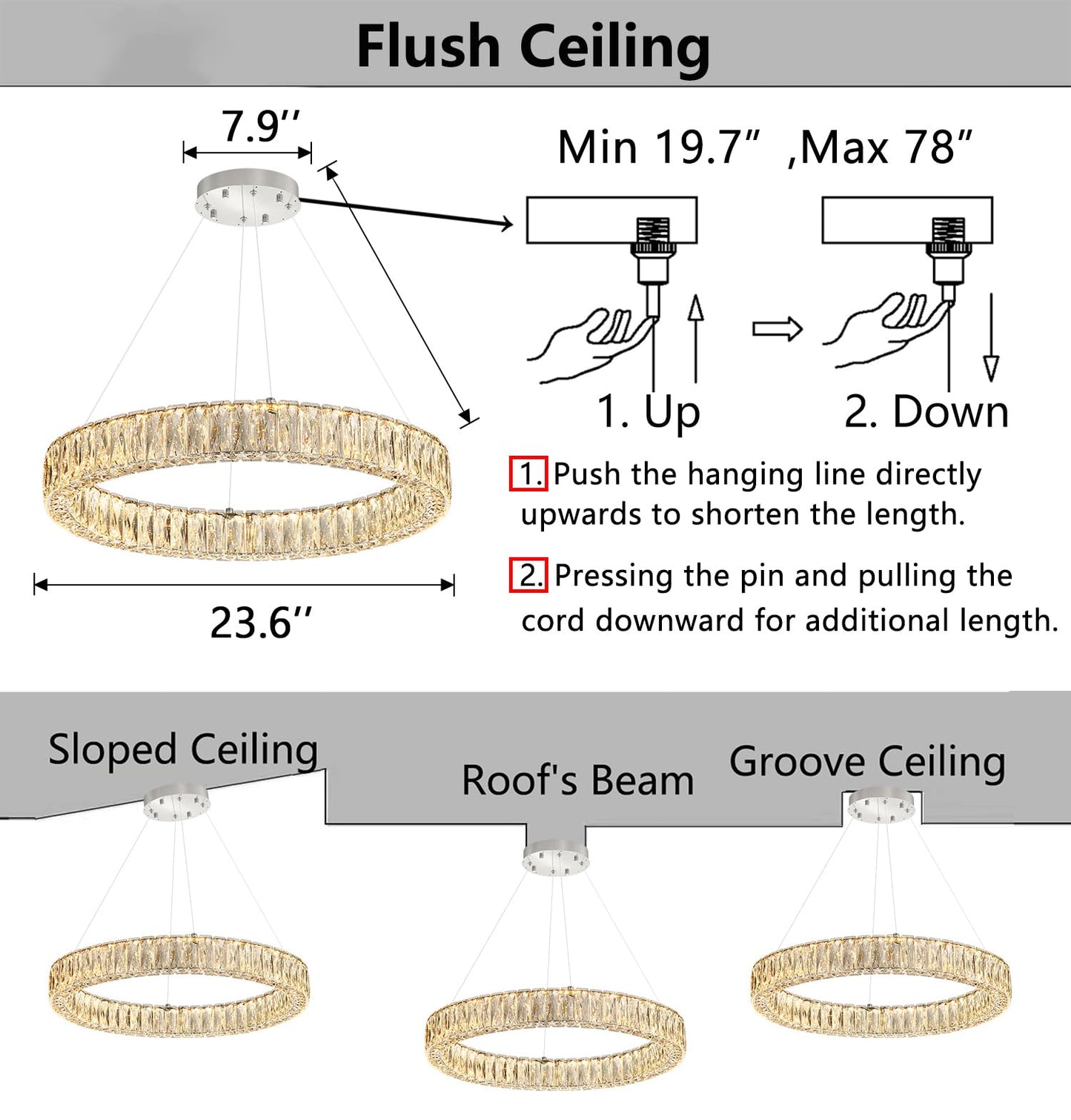 Modern Crystal Chandelier Dimmable LED Ring Pendant Lights Adjustable Glam Chandeliers Lighting Fixtures for Dining Room Living Room Bedroom Silver Light