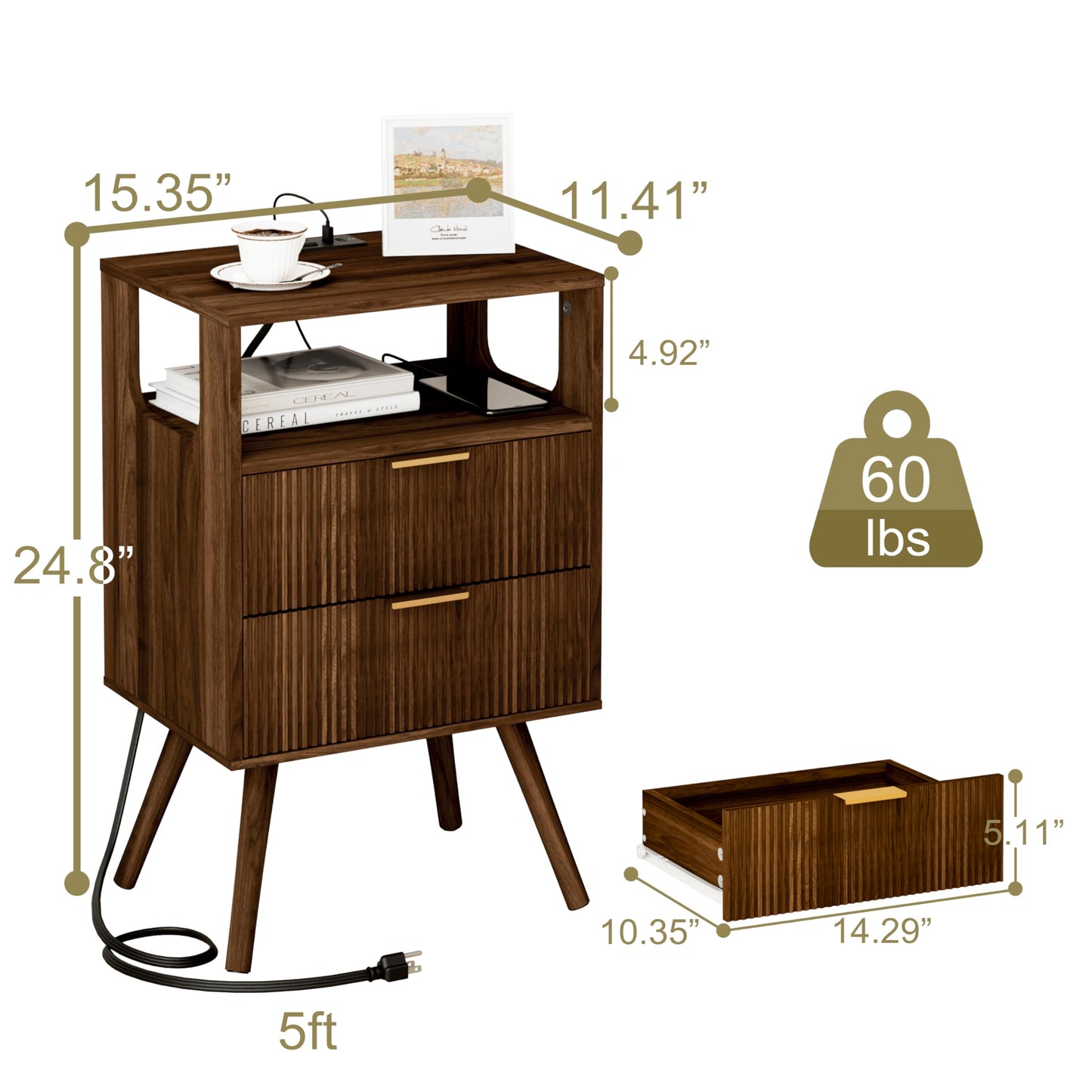 Nightstand with Charging Station and LED Lights,Modern Bedside Table with 2 Storage Drawer and Open Wood Shelf, for Bedroom and Small Spaces,Night Stand with Solid Wood Legs,GreyOak