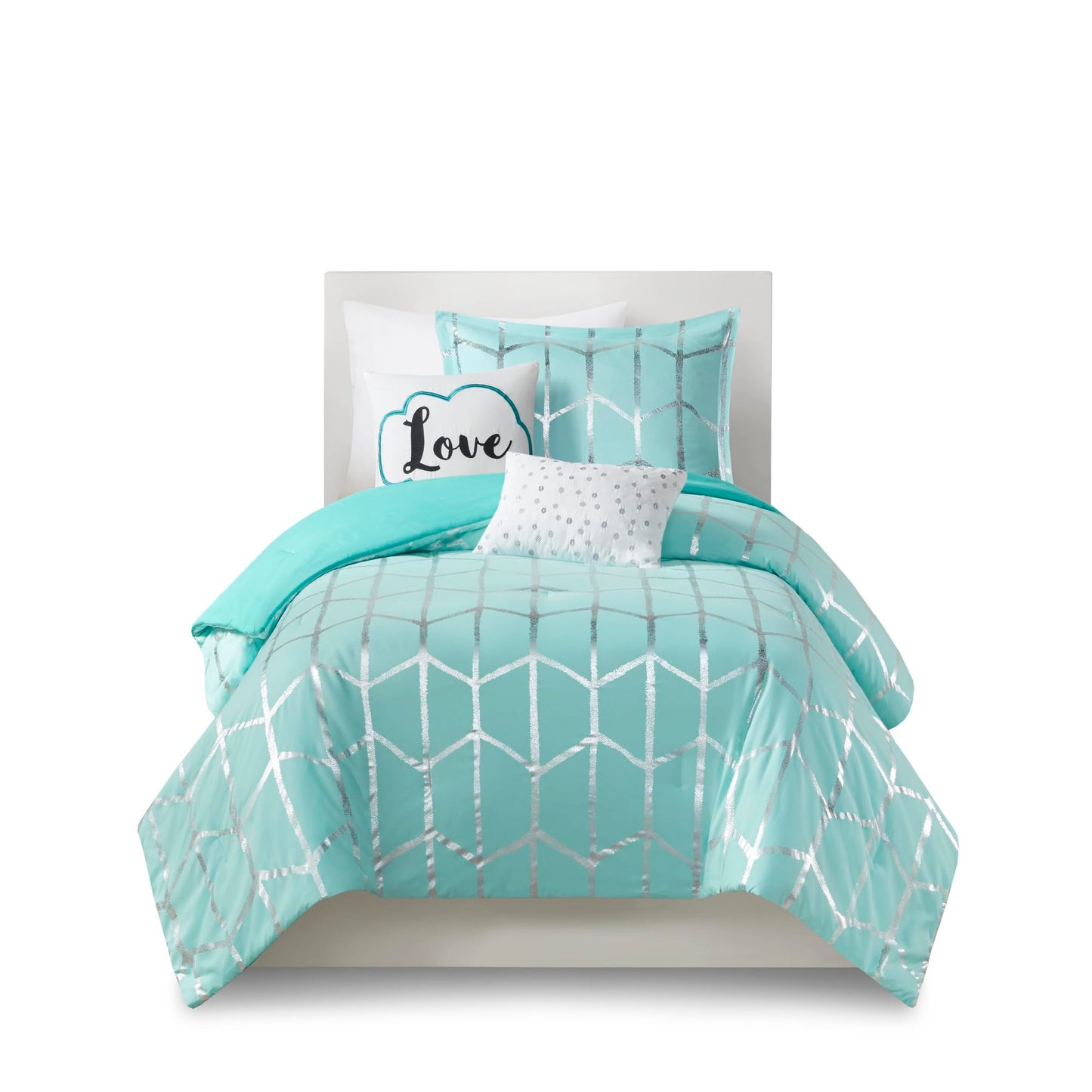 Intelligent Design, Soft Microfiber Comforter Modern Geometric Metallic Bed Set, Full/Queen, Grey/Silver