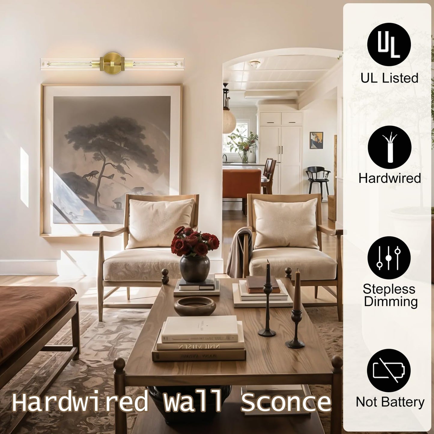 Brass Wall Sconces Set of Two, 19" Knurled Gold Sconces Wall Lighting, Tube Glass Bathroom Sconces Wall Lights for Bedroom Living Room Vanity Sconce Wall Lamp for Hallway, Staircase