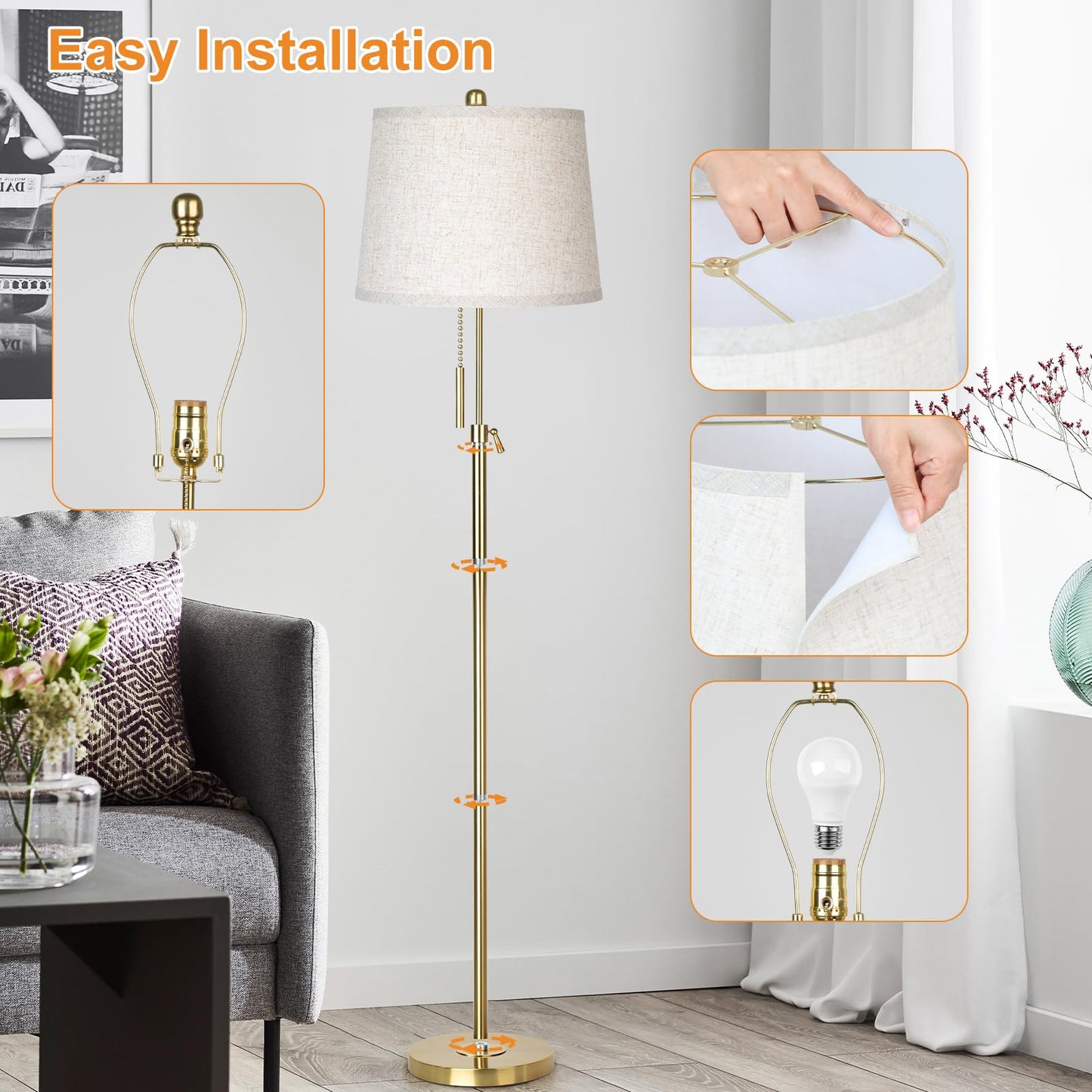 Floor Lamp for Living Room,Adjustable Height Standing Lamp,Dimmable Modern Floor Lamps for Bedroom Office Tall Floor Lights with Pull Chain Bulb Included-Silver Gray Shade