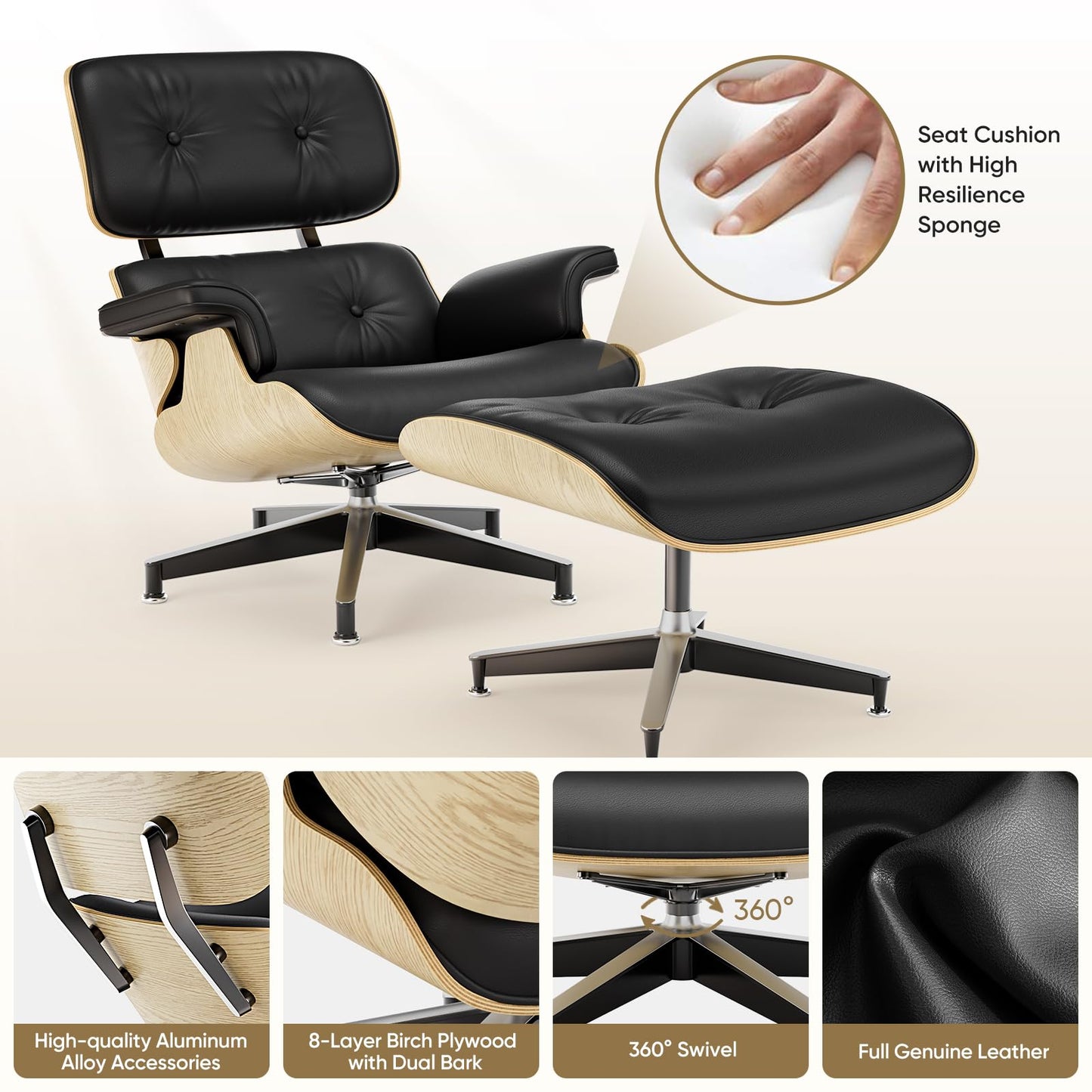 Top Black Grain Leather, Mid Century Chaise Lounge Chair and Ottoman, Modern Chair Classic Design, Walnut Wood, Heavy Duty Base Support for Living Room Office