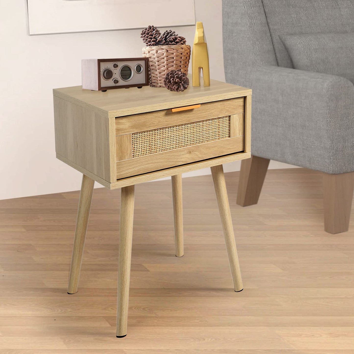 HOPUBUY Nightstands Set of 2 with Rattan Drawer, Modern Night Stand for Bedrooms, Wooden 2 Drawer Bedside Table Side Table for Small Place and Bedroom (Brown, 2 Drawers 2 Pack)