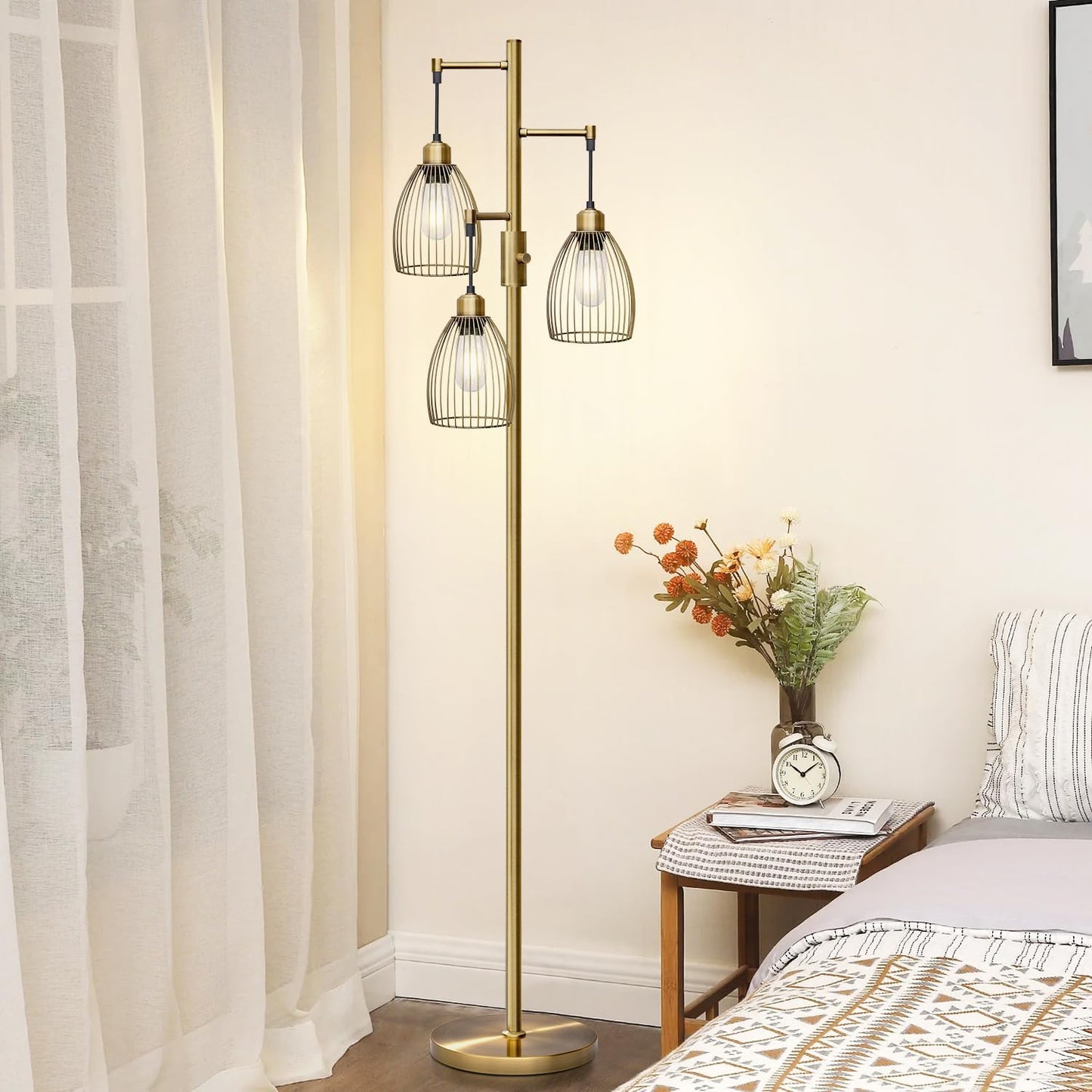 Dimmable Floor Lamp, 3 x 800LM LED Edison Bulbs Included, Farmhouse Industrial Floor Lamp Standing Tree Lamp with Elegant Teardrop Cage Tall Lamps for Living Room Bedroom Office Dining Room-Black