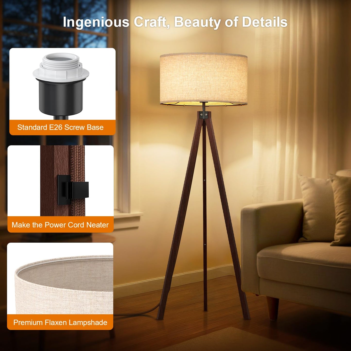 LEPOWER Wood Tripod Floor Lamp, Mid Century Standing Lamp, Modern Design Studying Light for Living Room, Bedroom, Study Room and Office, Flaxen Linen Shade with E26 Base Brown