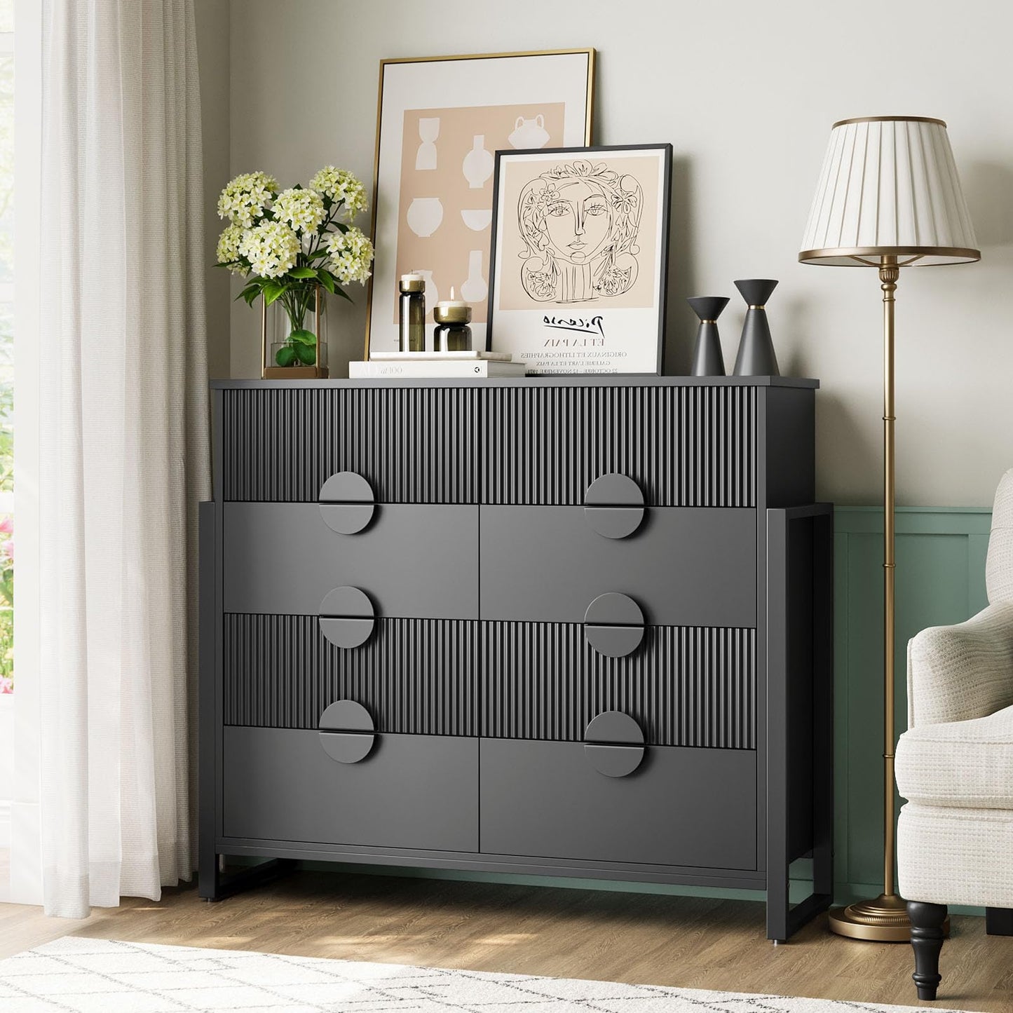 LGHM Fluted Gray Dresser for Bedroom, 50" Wide Chest of Drawers, Modern 6 Deep Drawers Dresser with Raised H Legs -Curved Profile Design, Easy Round Handles for Bedroom,Livingroom, Hallway, Gray