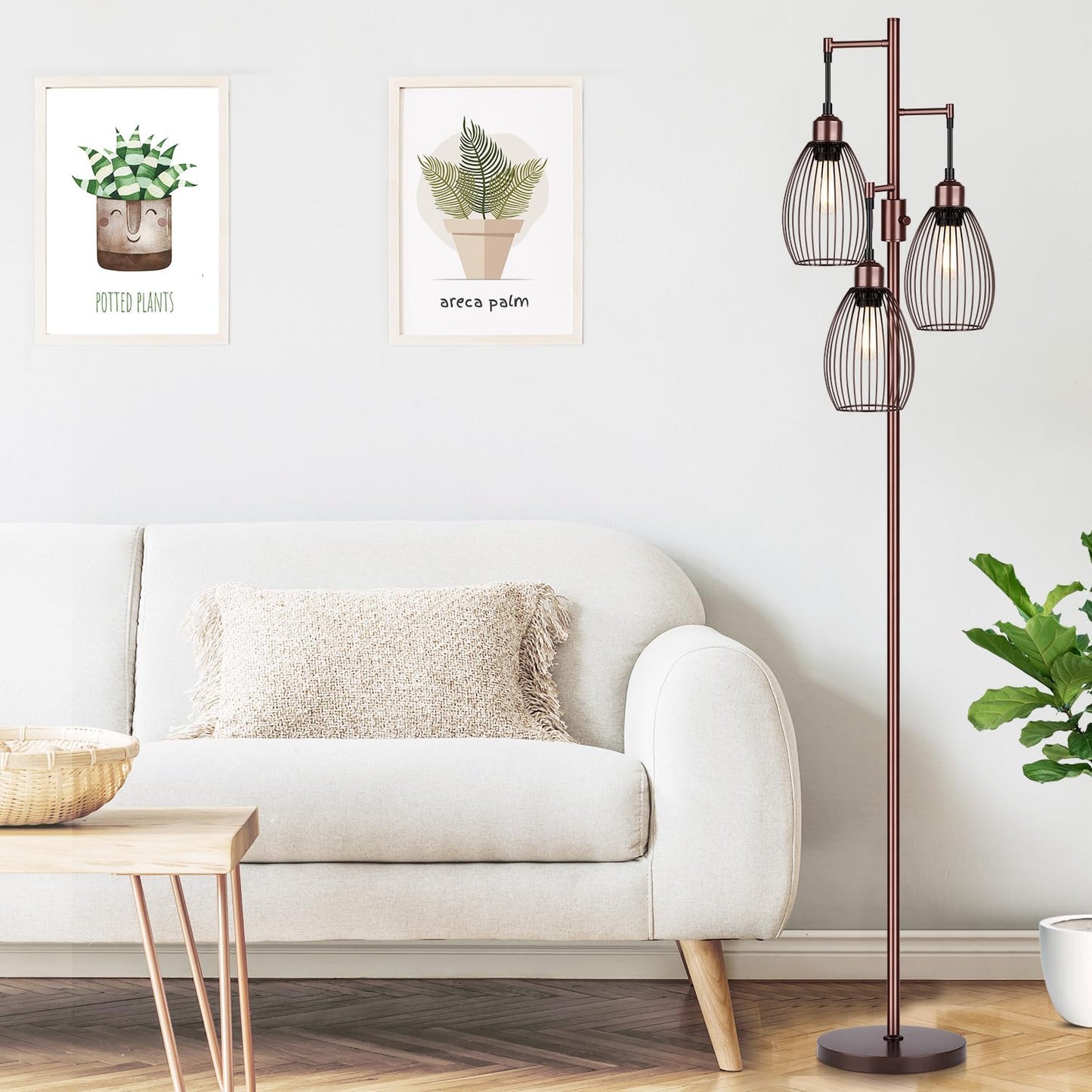 Dimmable Floor Lamp, 3 x 800LM LED Edison Bulbs Included, Farmhouse Industrial Floor Lamp Standing Tree Lamp with Elegant Teardrop Cage Tall Lamps for Living Room Bedroom Office Dining Room-Black