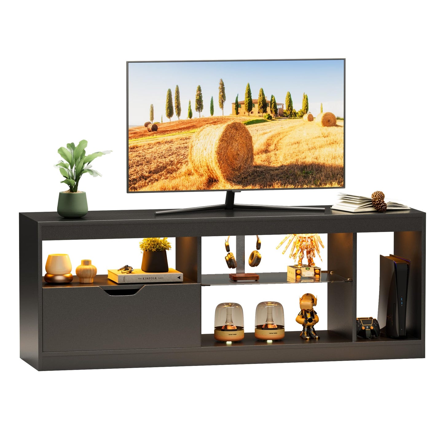 JUMMICO TV Stand, Modern Lighting TV Cabinet Entertainment Center Media and Open Shelf, TV Console Table with 1 Drawer and Remote Control, 20 Color LED Lights up to 70 Inch TV (White)