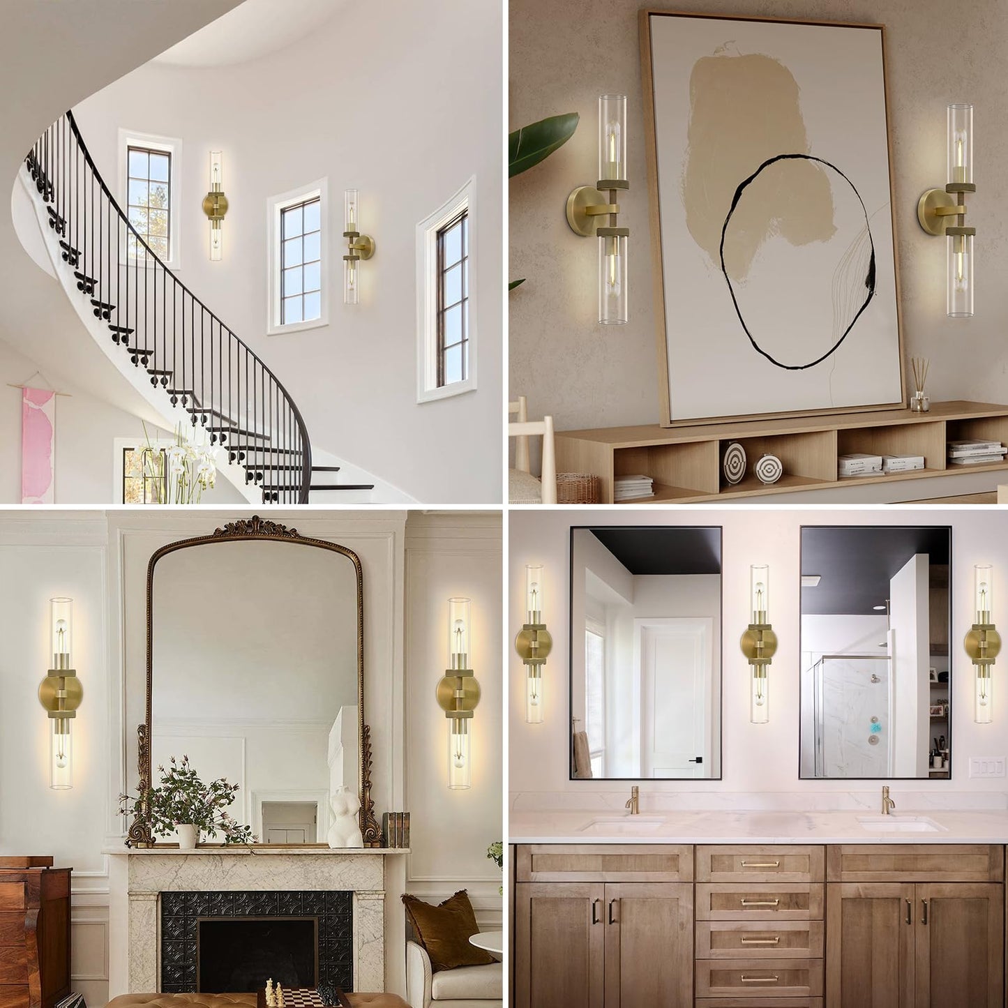 Brass Wall Sconces Set of Two, 19" Knurled Gold Sconces Wall Lighting, Tube Glass Bathroom Sconces Wall Lights for Bedroom Living Room Vanity Sconce Wall Lamp for Hallway, Staircase
