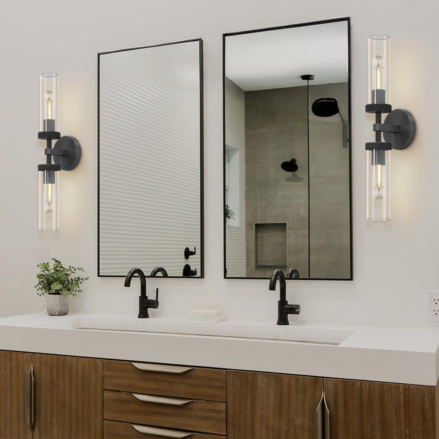 Brass Wall Sconces Set of Two, 19" Knurled Gold Sconces Wall Lighting, Tube Glass Bathroom Sconces Wall Lights for Bedroom Living Room Vanity Sconce Wall Lamp for Hallway, Staircase