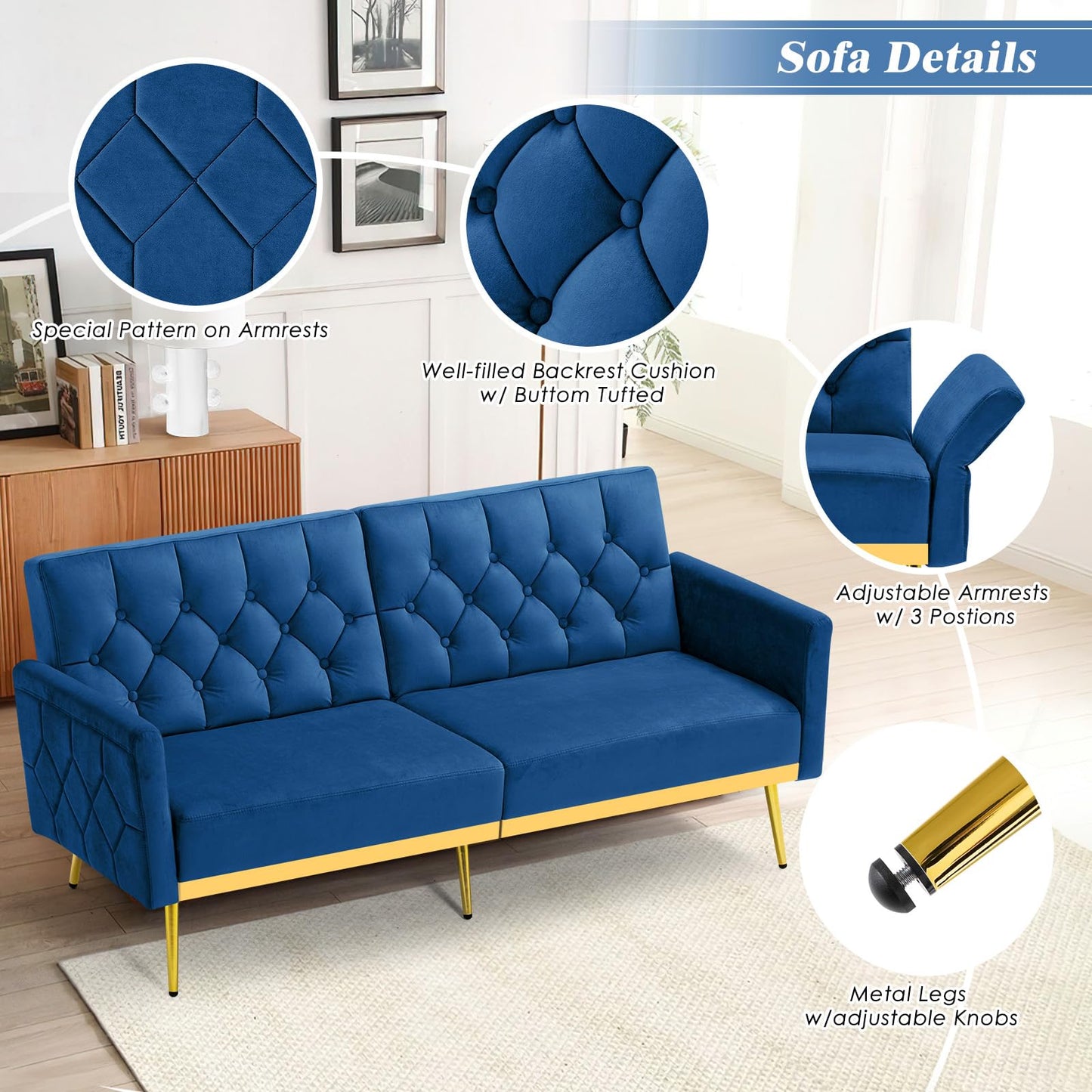 Velvet Sofa Bed w/Adjustable Armrests and Backrests, Modern Convertible Sleeper Sofa, Tufted Futon Sofa for Bedroom, Living Room, Apartment, Orange