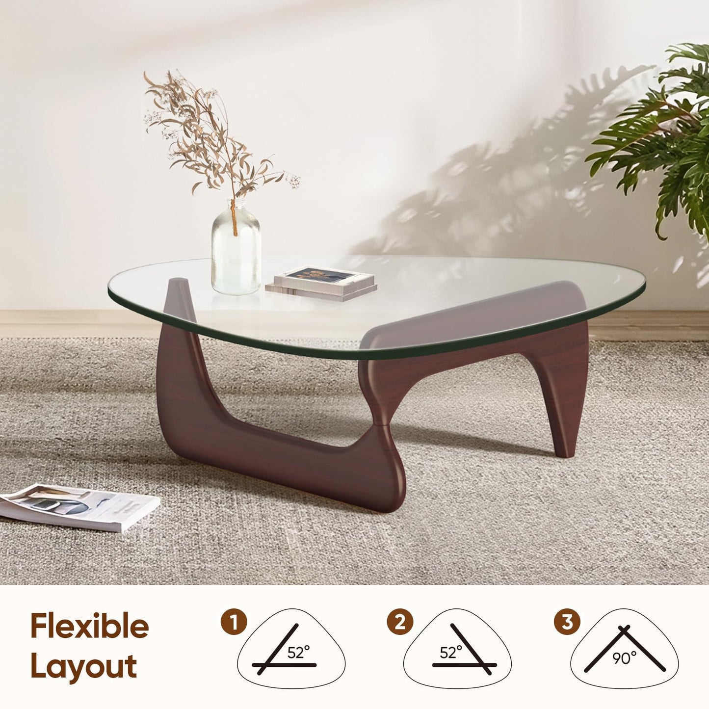 Noguchi Coffee Table – Mid-Century Modern Triangle Glass Coffee Table with Clear Tempered Top & Wood Base, End Table for Living Room Office Hotel Balcony, 50" W x 37.5" D