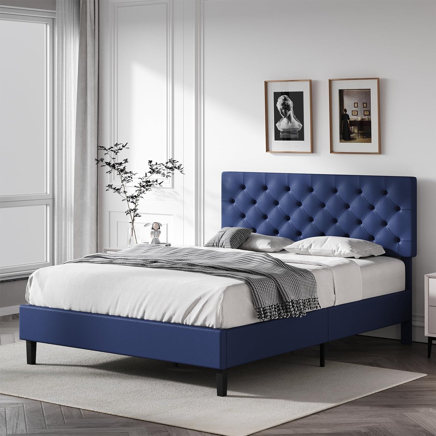 Queen Bed Frame with Headboard, Faux Leather Upholstered Platform Bed Frame, Blue Bed Frame Queen Size, Wooden Slat Support, No Box Spring Needed, Navy Blue