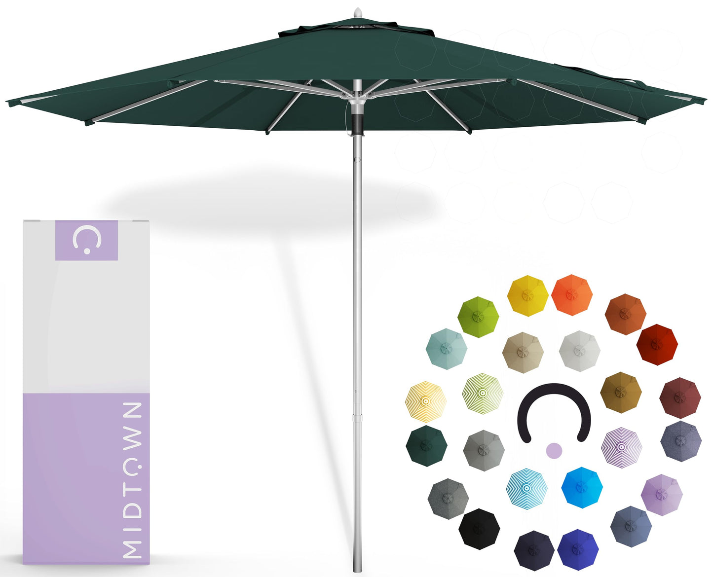 Midtown Umbrellas Push and Pop 9 Feet Outdoor Umbrella With Terylast Black/White Stripes Polyester Fabric - Fiberglass Ribs Deck Patio, Backyard, Garden & Pool - Silver Pole