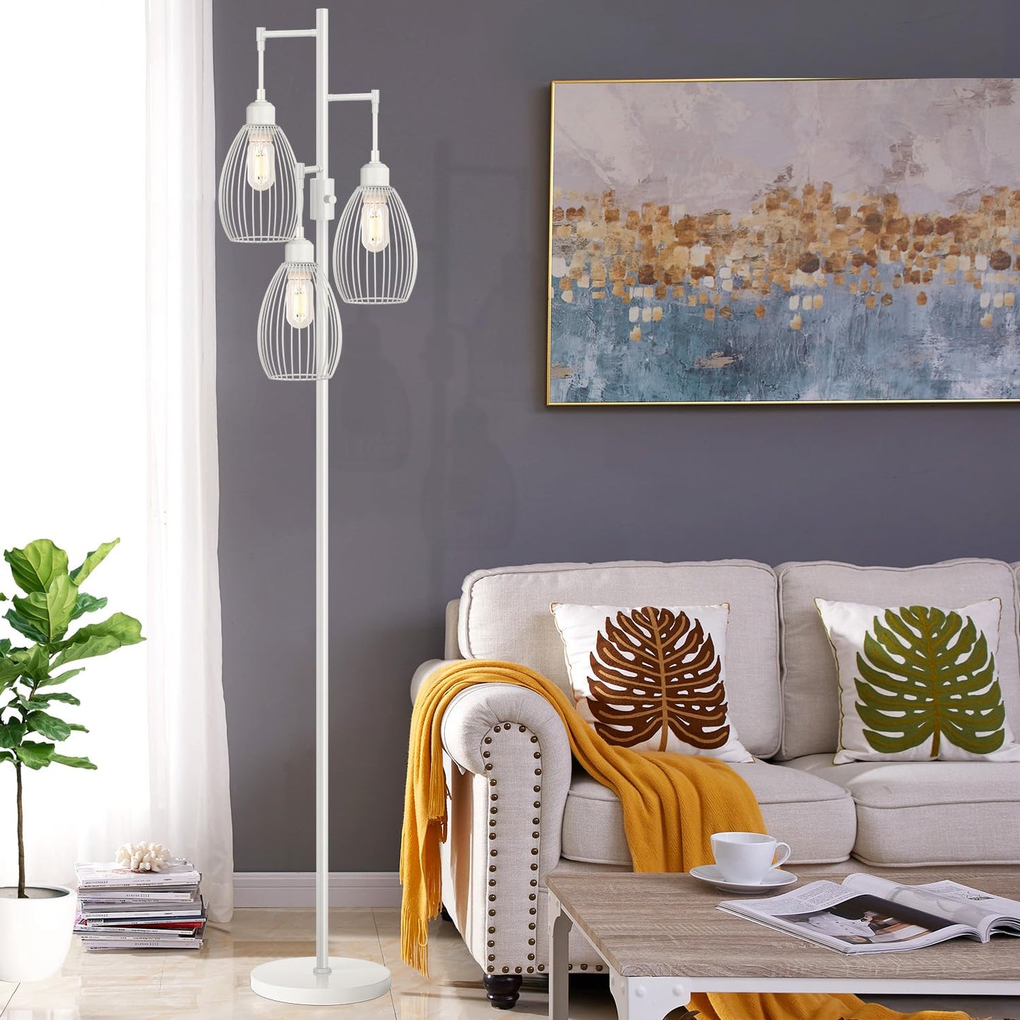Dimmable Floor Lamp, 3 x 800LM LED Edison Bulbs Included, Farmhouse Industrial Floor Lamp Standing Tree Lamp with Elegant Teardrop Cage Tall Lamps for Living Room Bedroom Office Dining Room-Black